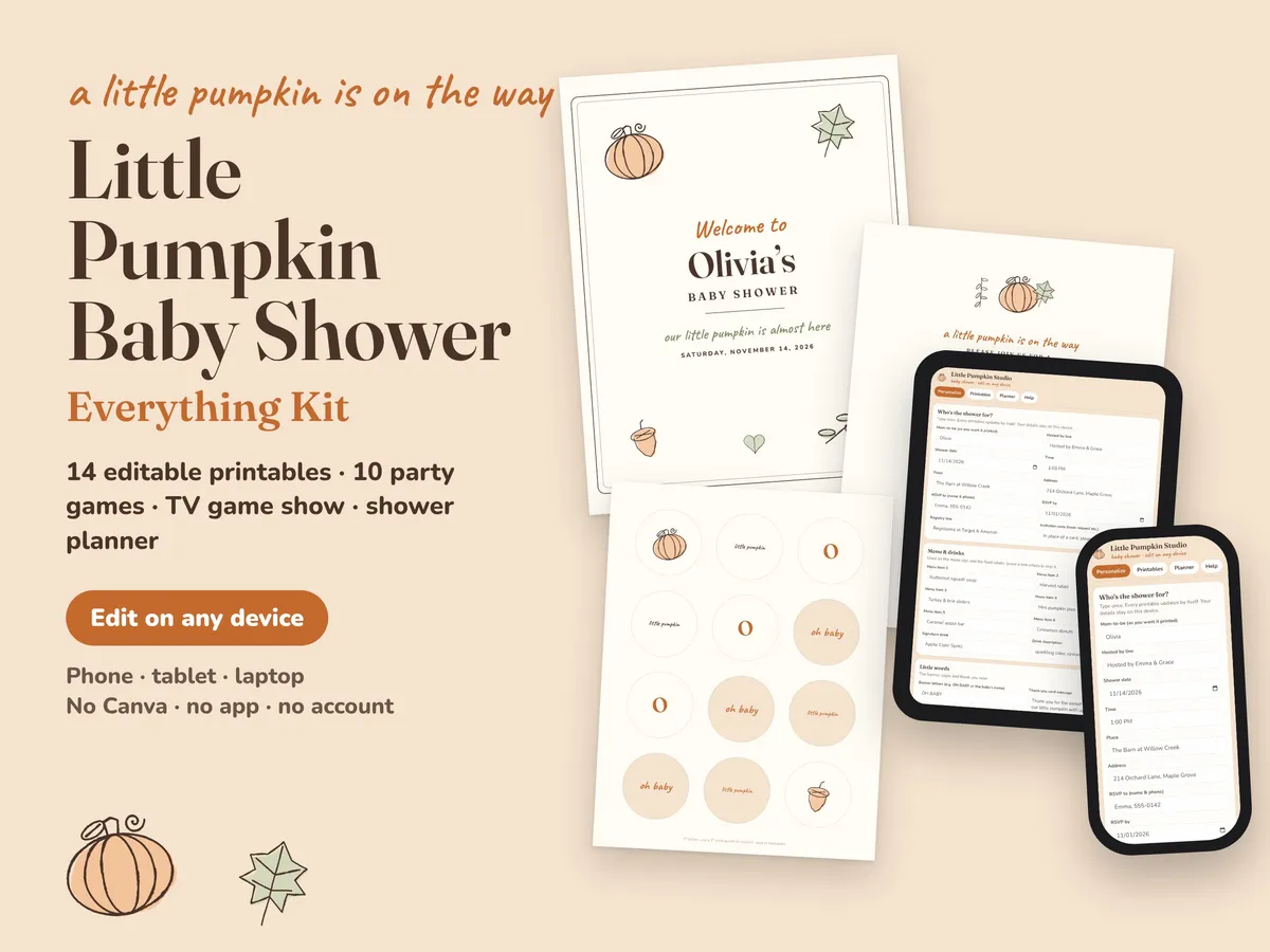 Little Pumpkin baby shower printables: welcome sign, invitation, cupcake toppers and the editing studio on a tablet and phone