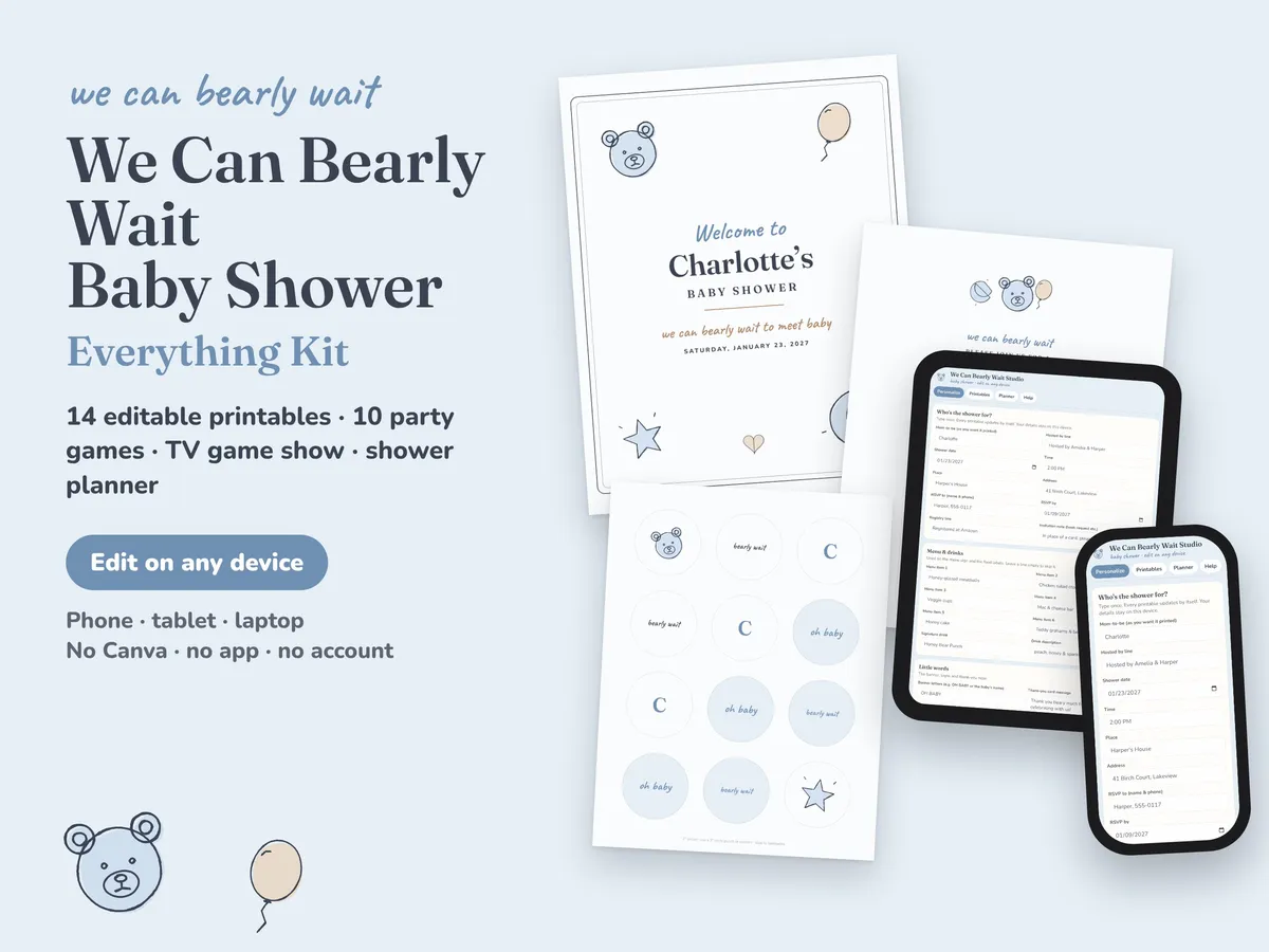 We Can Bearly Wait baby shower printables: welcome sign, invitation, cupcake toppers and the editing studio on a tablet and phone