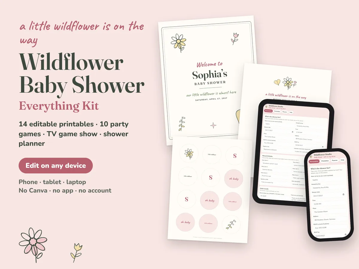 Wildflower baby shower printables: welcome sign, invitation, cupcake toppers and the editing studio on a tablet and phone