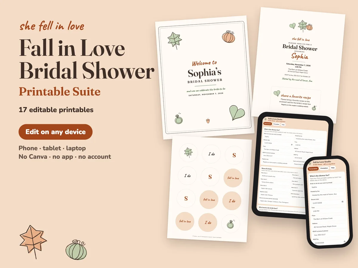 Fall in Love bridal shower printables: welcome sign, invitation, cupcake toppers and the editing studio on a tablet and phone