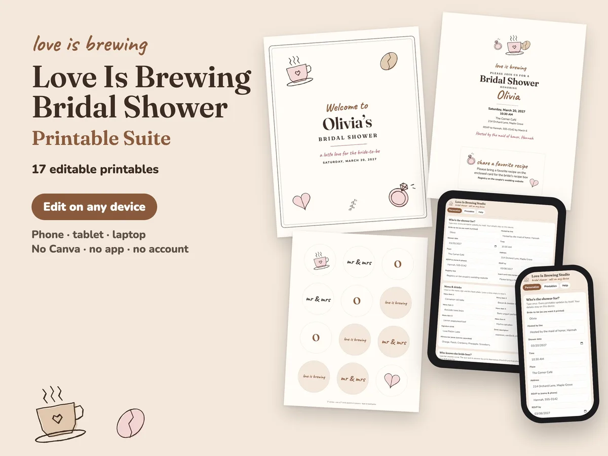 Love Is Brewing bridal shower printables: welcome sign, invitation, cupcake toppers and the editing studio on a tablet and phone