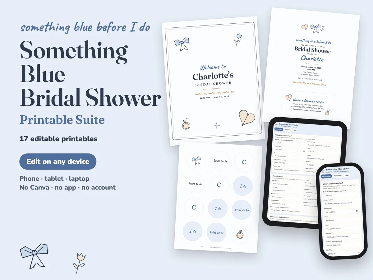 Something Blue bridal shower printables: welcome sign, invitation, cupcake toppers and the editing studio on a tablet and phone
