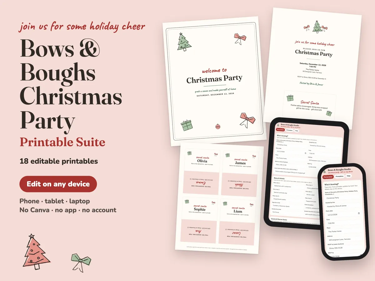 Bows & Boughs Christmas party printables: welcome sign, invitation, Secret Santa cards and the editing studio on a tablet and phone