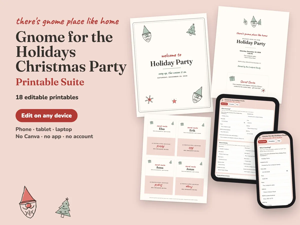 Gnome for the Holidays Christmas party printables: welcome sign, invitation, Secret Santa cards and the editing studio on a tablet and phone