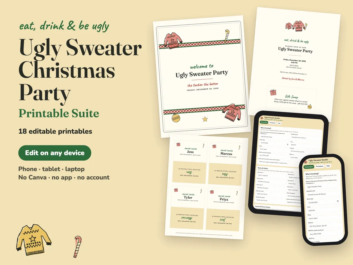 Ugly Sweater Christmas party printables: welcome sign, invitation, Secret Santa cards and the editing studio on a tablet and phone