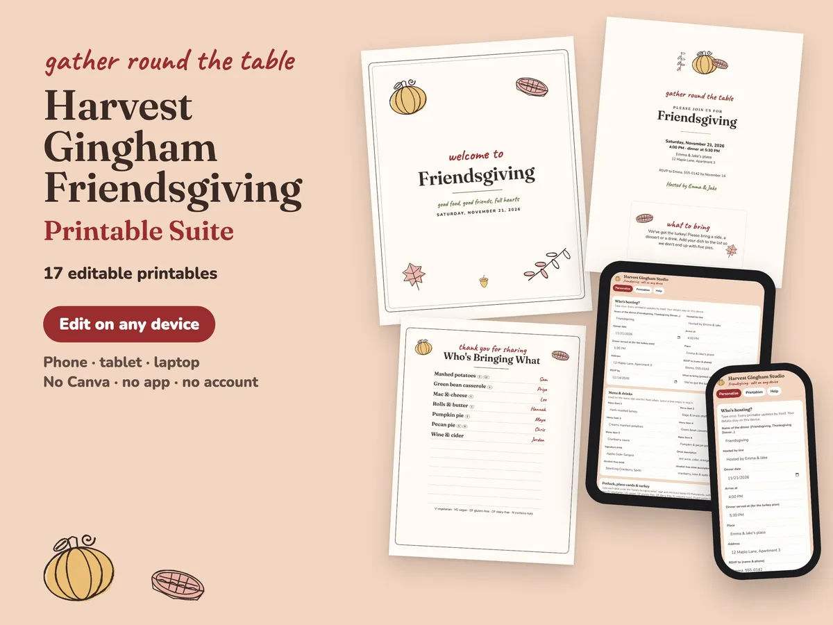 Harvest Gingham Friendsgiving printables: welcome sign, invitation, Who's Bringing What potluck sign and the editing studio on a tablet and phone