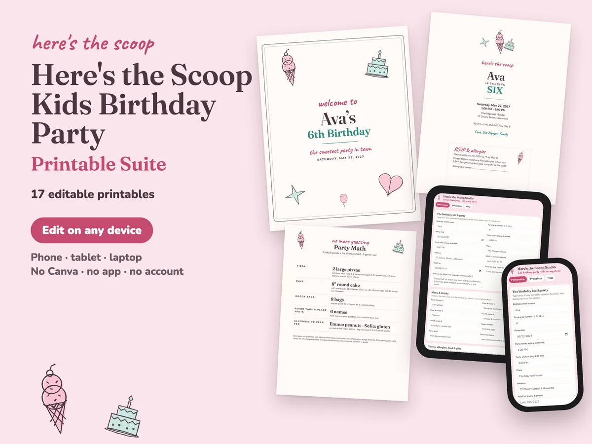 Here’s the Scoop kids birthday party printables: welcome sign, invitation and Party Math sheet