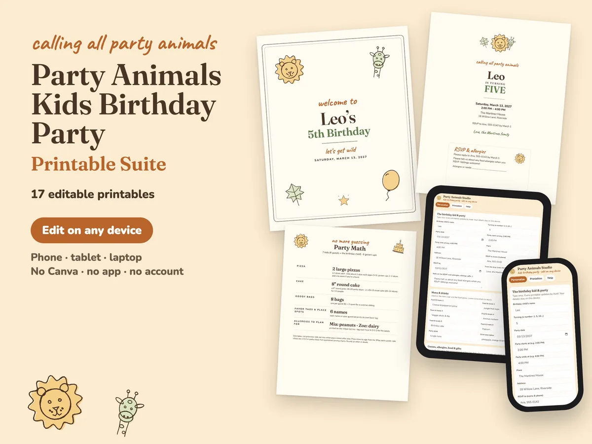 Party Animals kids birthday party printables: welcome sign, invitation and Party Math sheet