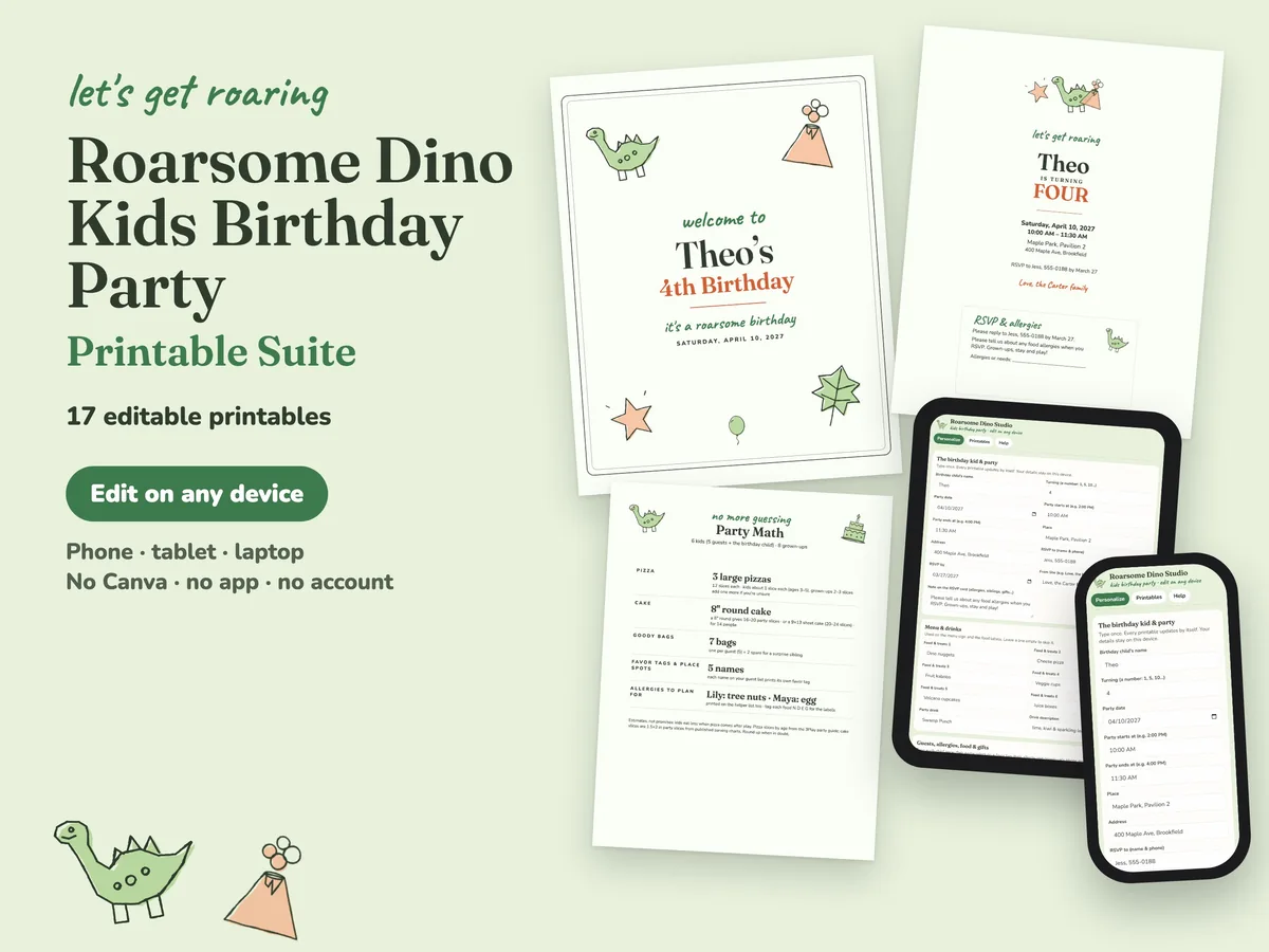 Roarsome Dino kids birthday party printables: welcome sign, invitation and Party Math sheet