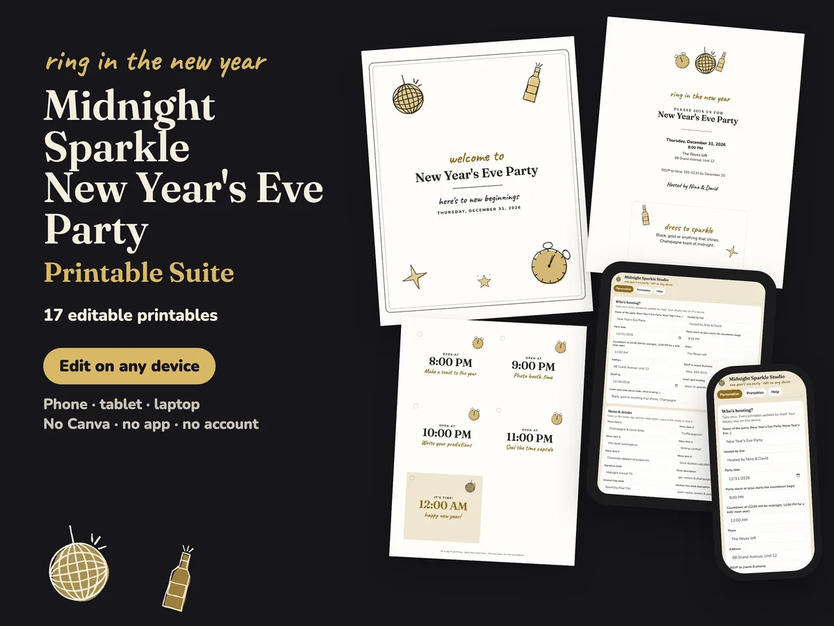 Midnight Sparkle New Year’s Eve party printables: welcome sign, invitation, countdown bag tags and the editing studio on a tablet and phone