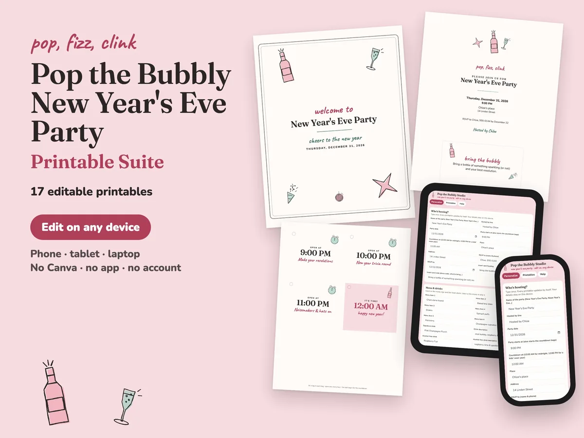 Pop the Bubbly New Year’s Eve party printables: welcome sign, invitation, countdown bag tags and the editing studio on a tablet and phone