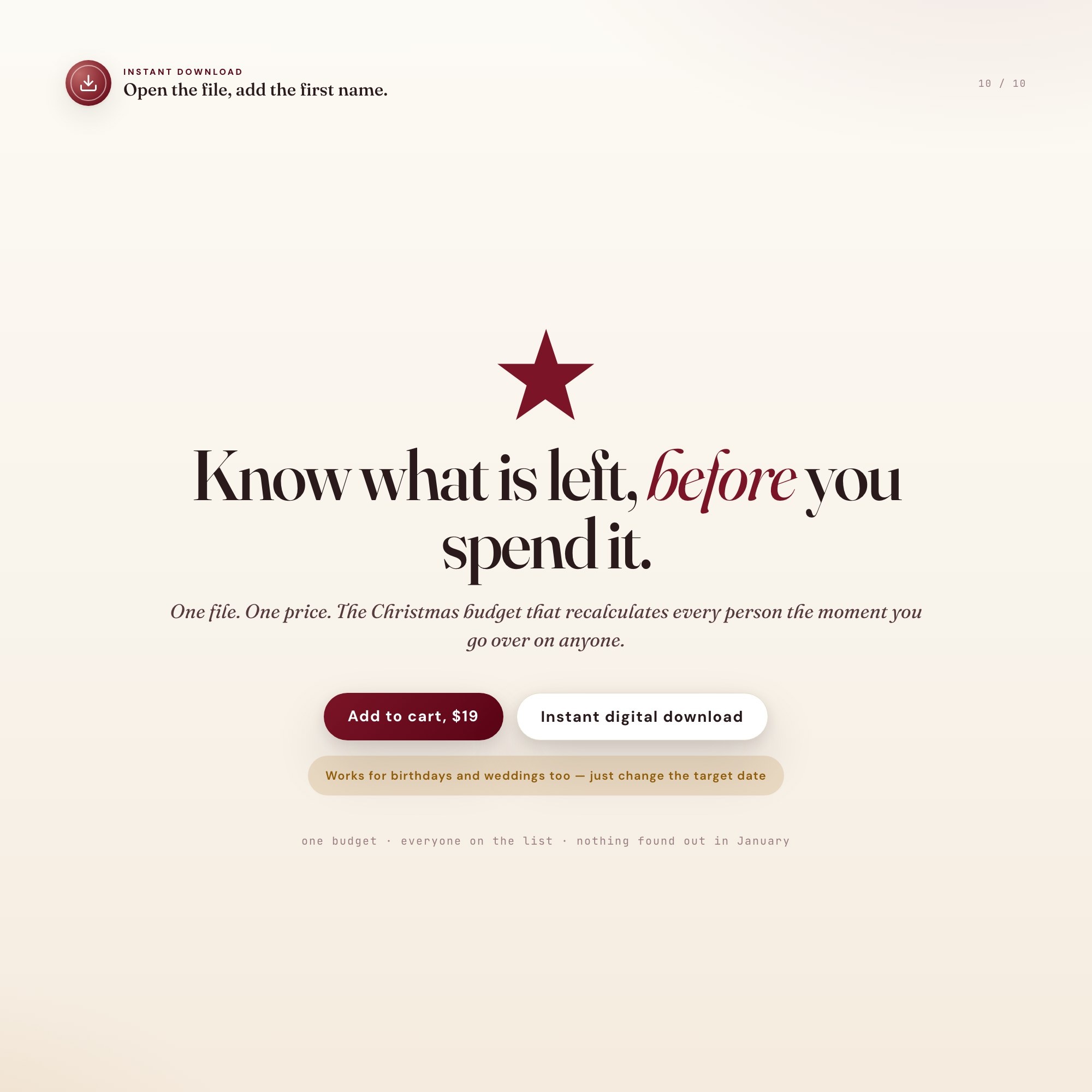 Instant download Christmas gift budget dashboard, one file, one price, works offline
