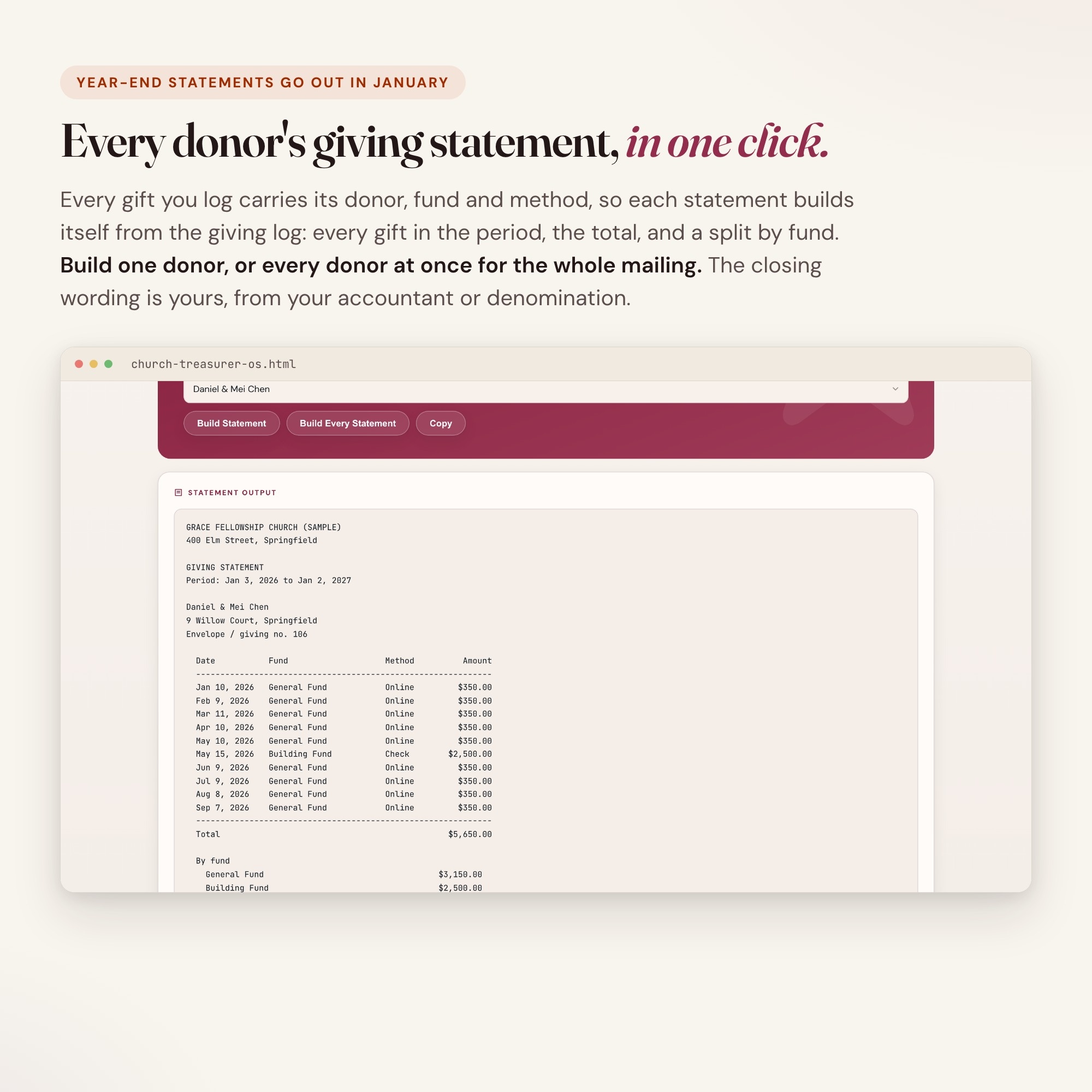 Church treasurer dashboard building a year-end giving statement for one donor from the tithe tracker log