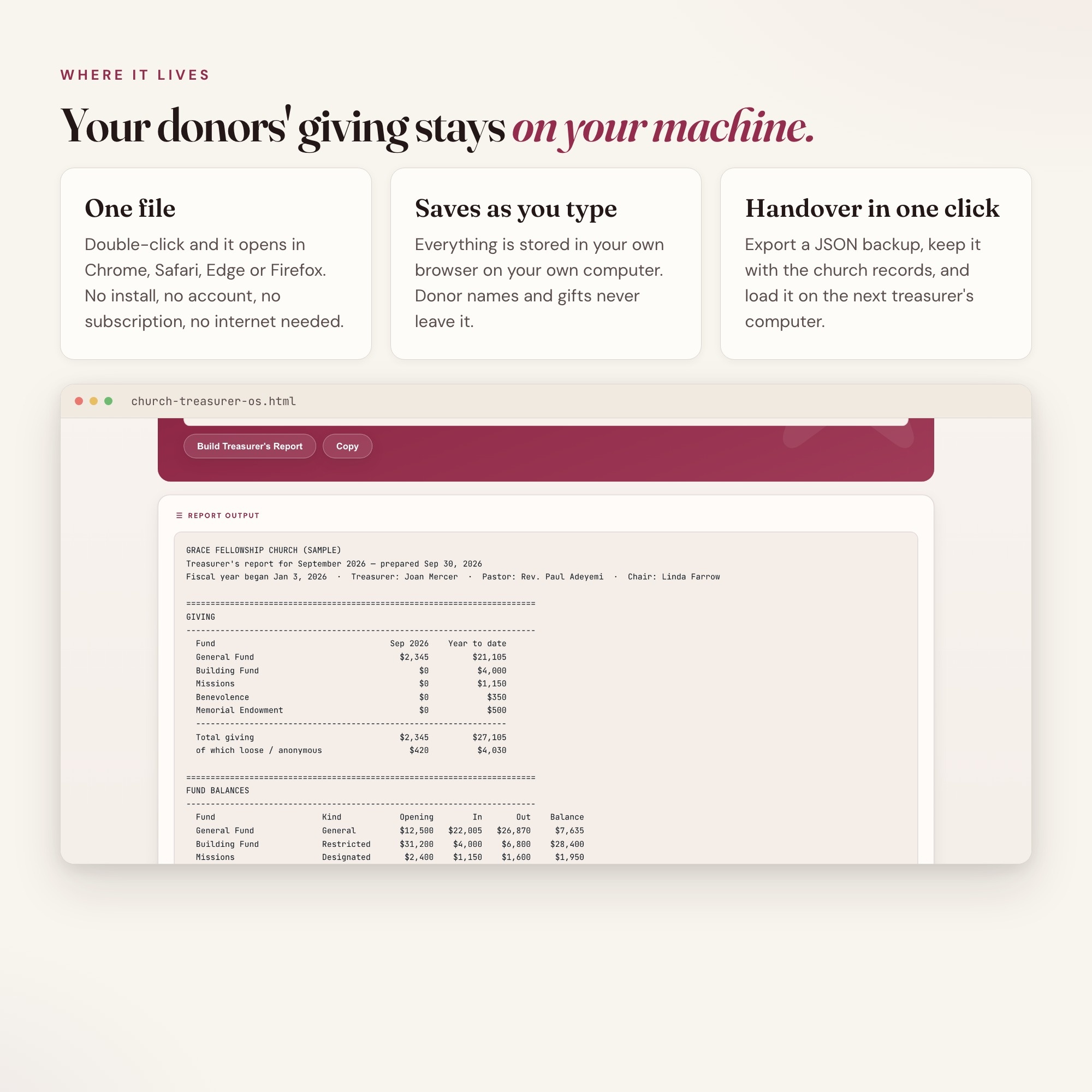 Church treasurer dashboard monthly treasurer report built offline, saved on your own computer