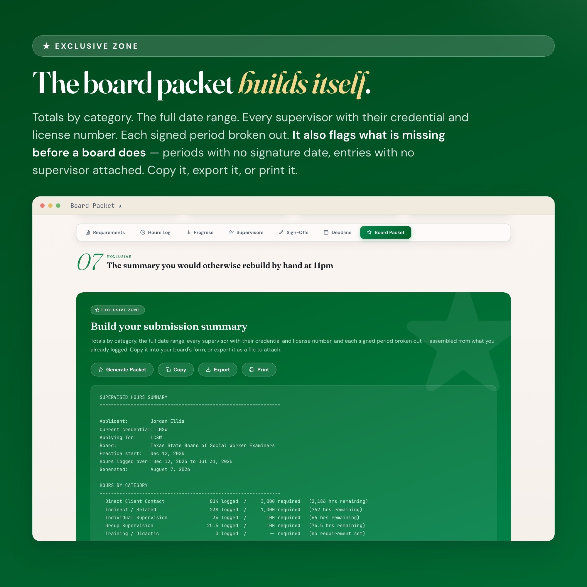 Clinical supervision hours tracker board packet building a licensure submission summary in one click