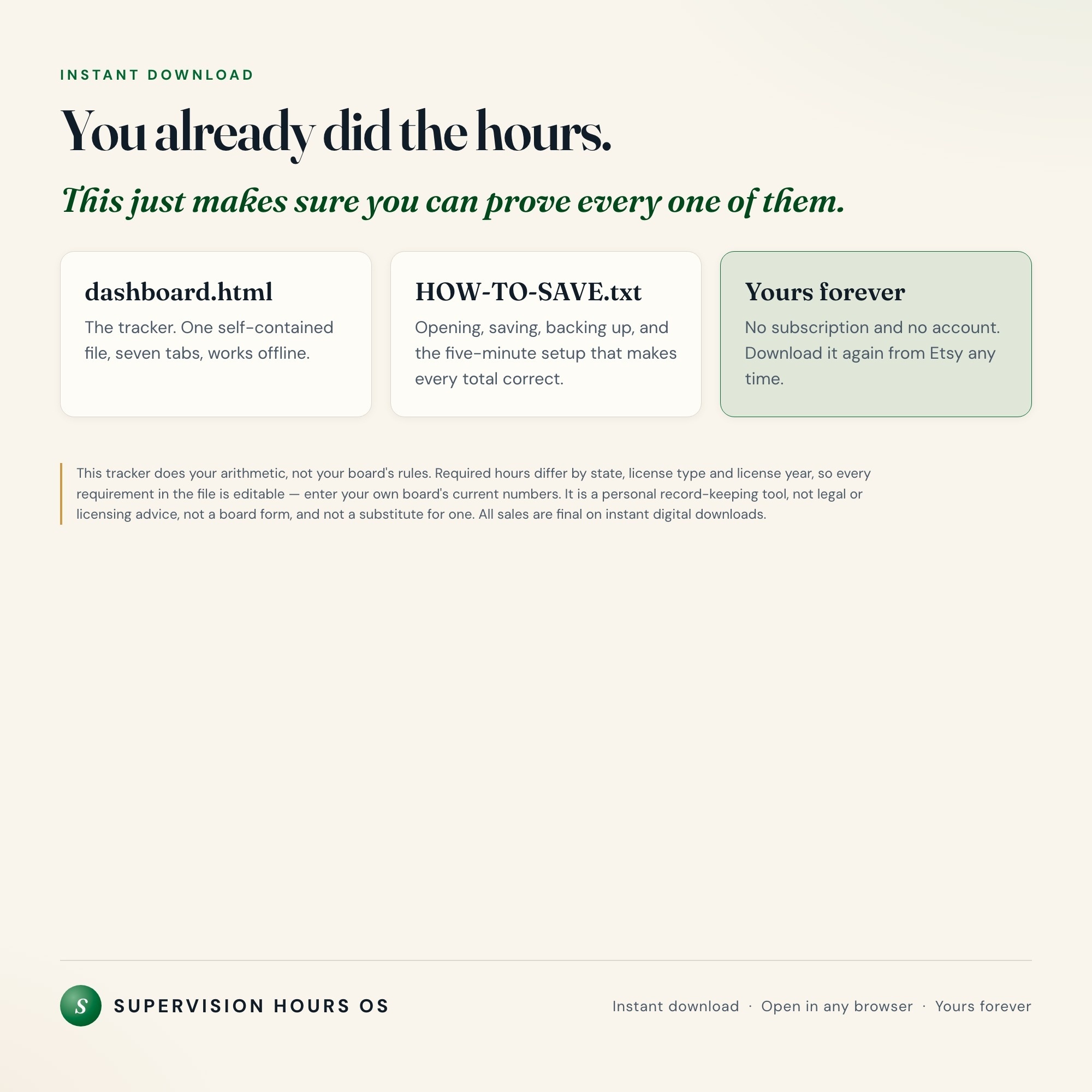 Clinical supervision hours tracker instant download, one HTML file plus setup guide, yours forever