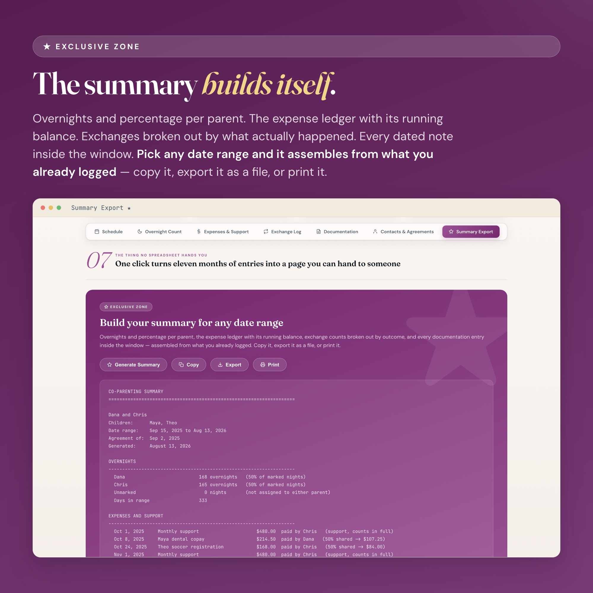 Custody schedule summary export building overnights, expense balance and exchange counts for any date range