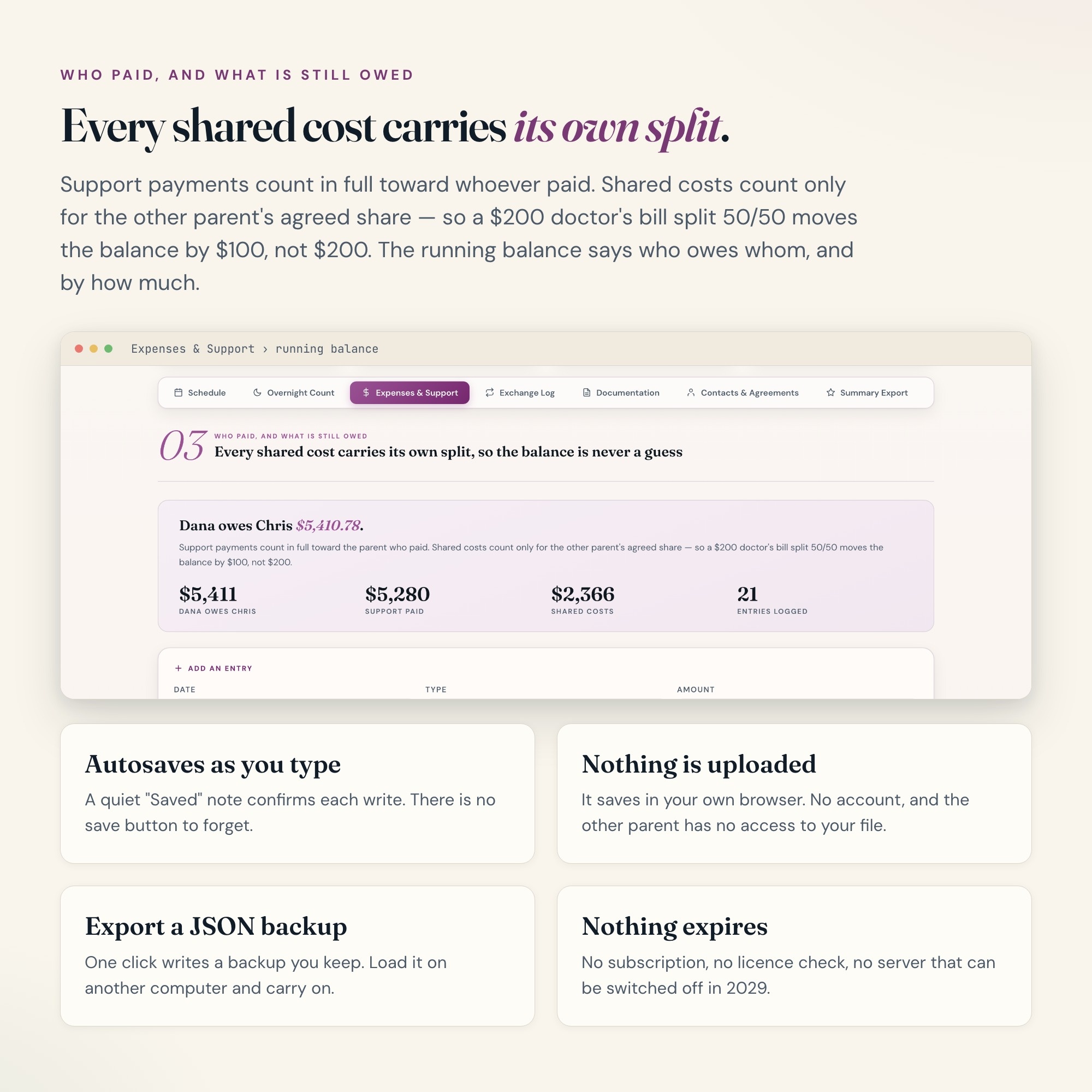 Custody schedule expense ledger with child support and shared costs split per line and a running balance