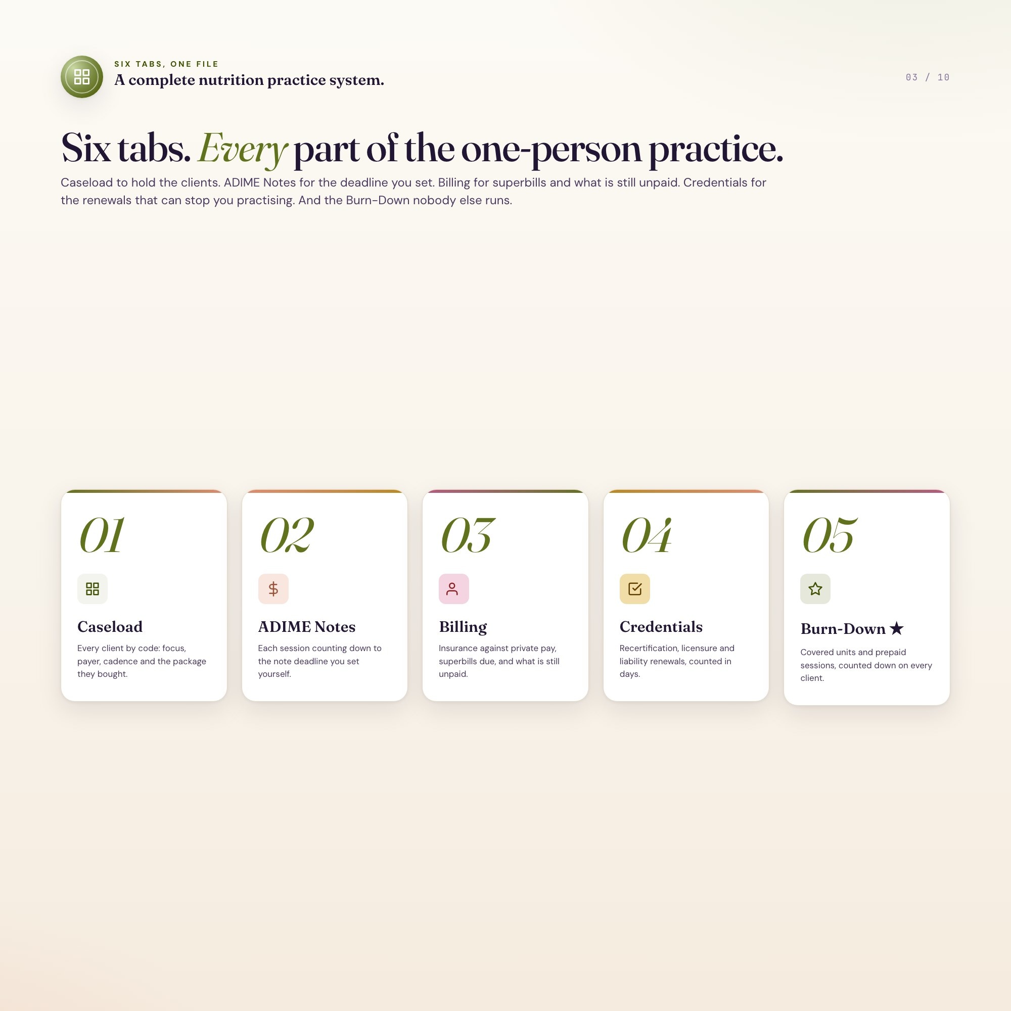 Dietitian private practice dashboard tabs: caseload, ADIME notes, billing, credentials, burn-down