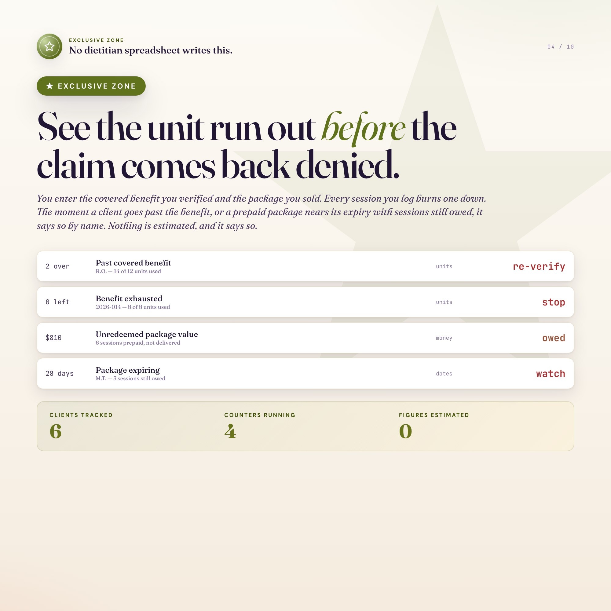 Dietitian private practice MNT unit tracker flagging a client billed past their covered benefit