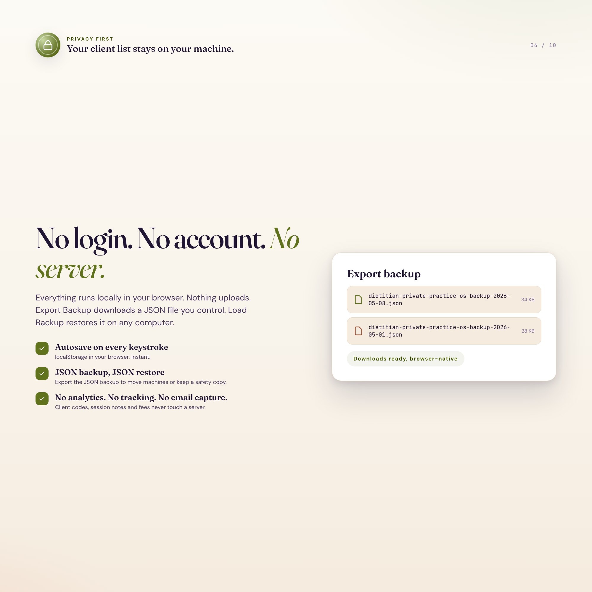 Dietitian private practice client tracker exporting a JSON backup, no login, no account, no server