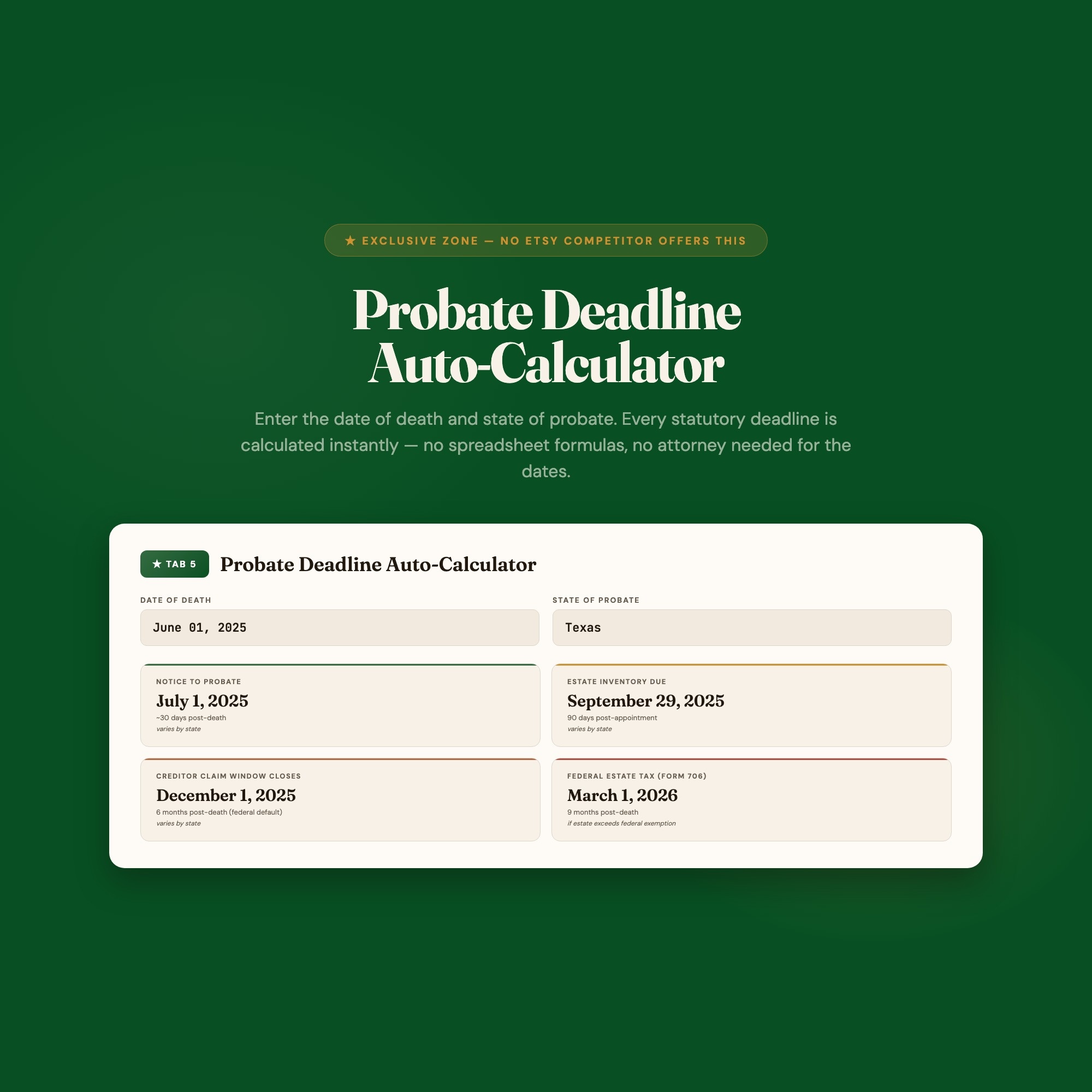 Probate deadline auto-calculator -- enter date of death and state, get all 4 statutory deadlines instantly