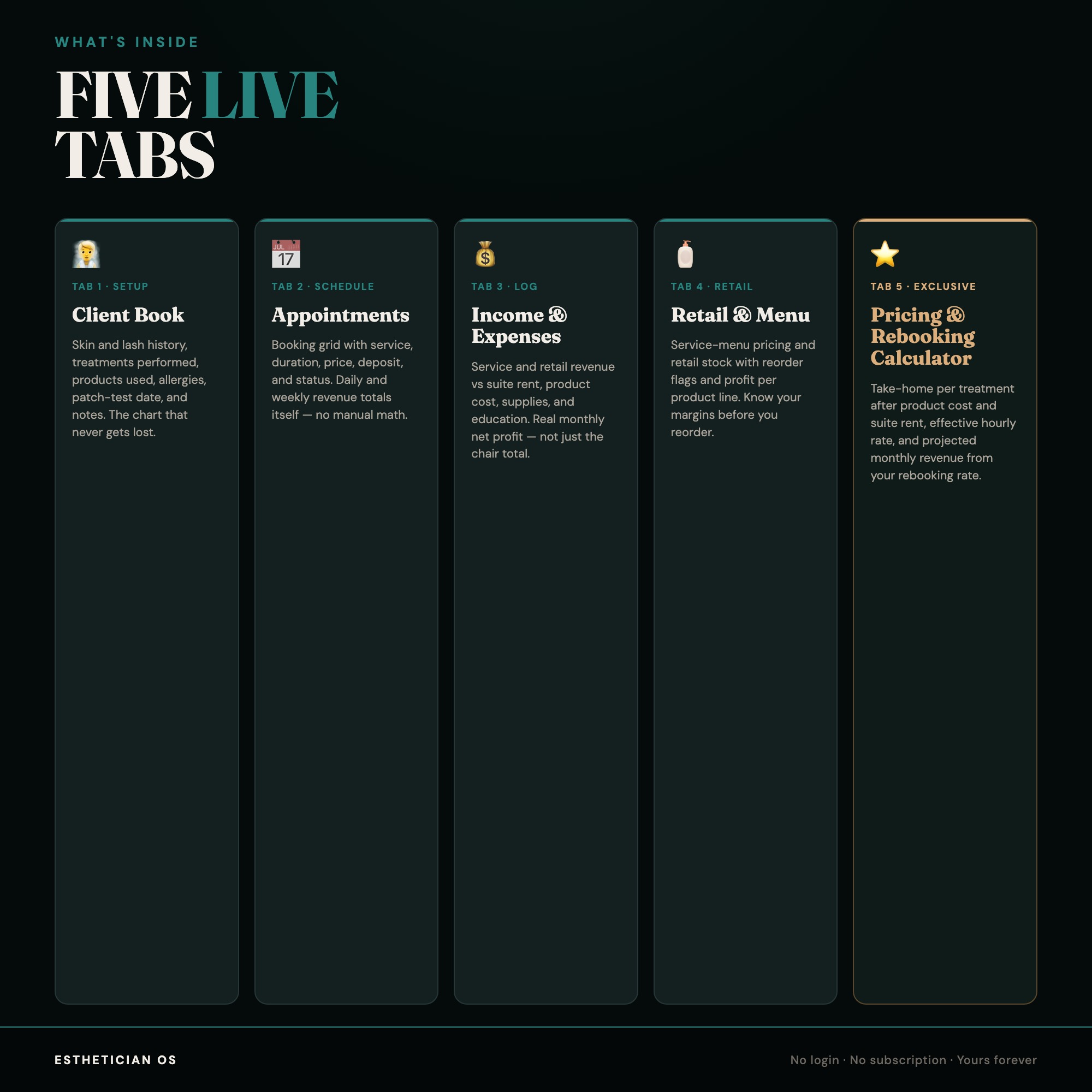 Esthetician OS, Skincare & Lash Client Book, Appointment & Retail Tracker, Treatment Pricing & Rebooking Calculator — image 3