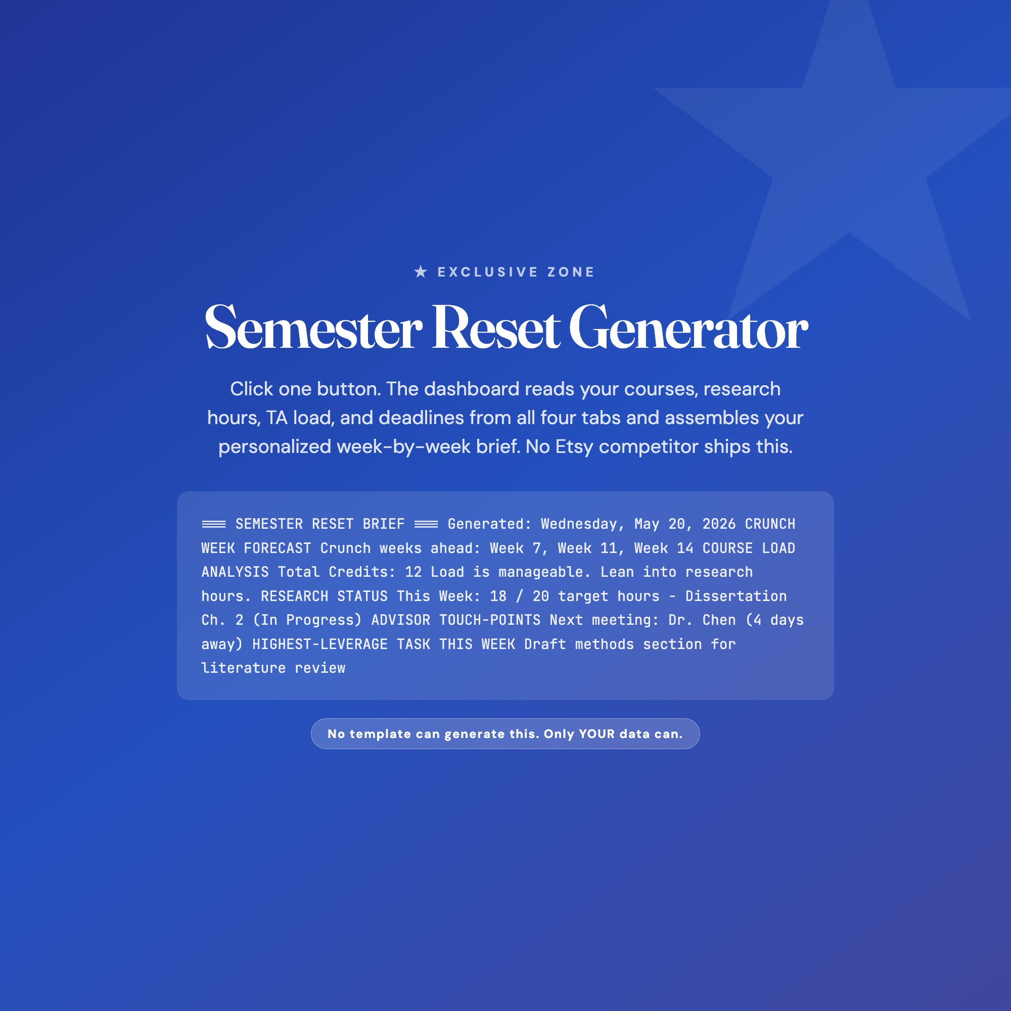 Exclusive Semester Reset Generator tab reads your logged data and outputs personalized week-by-week semester brief