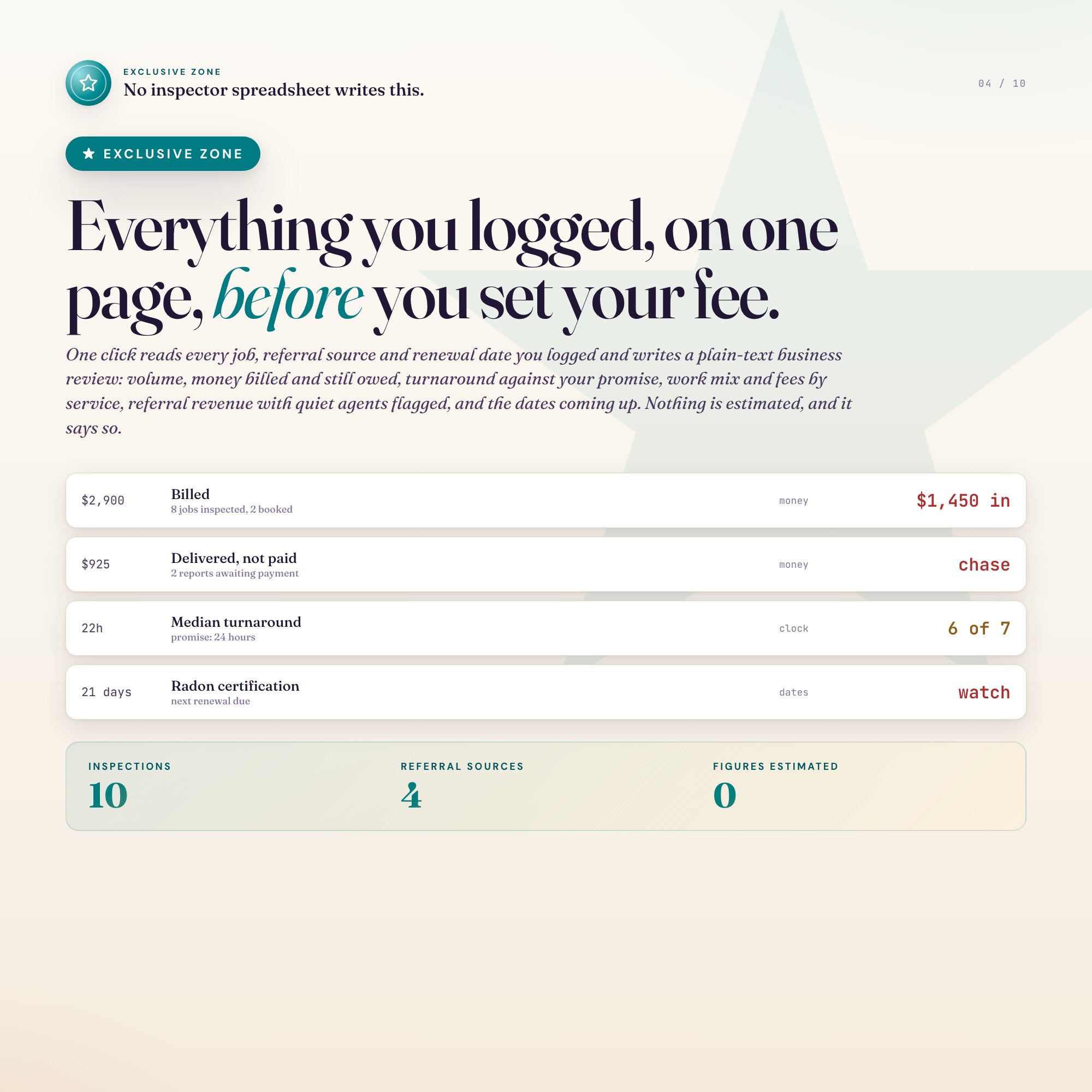 One-click business review built from logged inspection jobs, referrals and dates