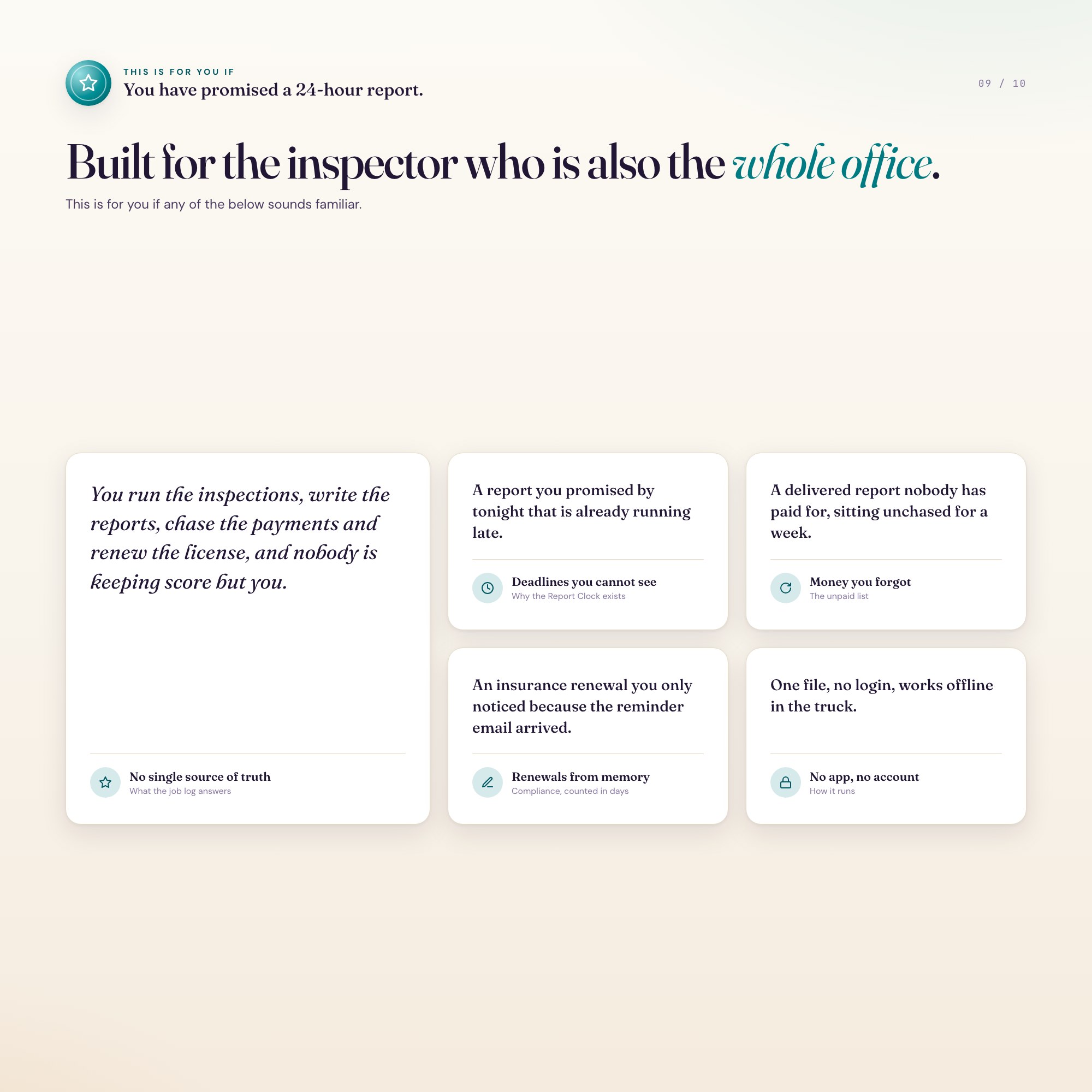 Built for solo inspectors who promise a 24 hour report and track it from memory