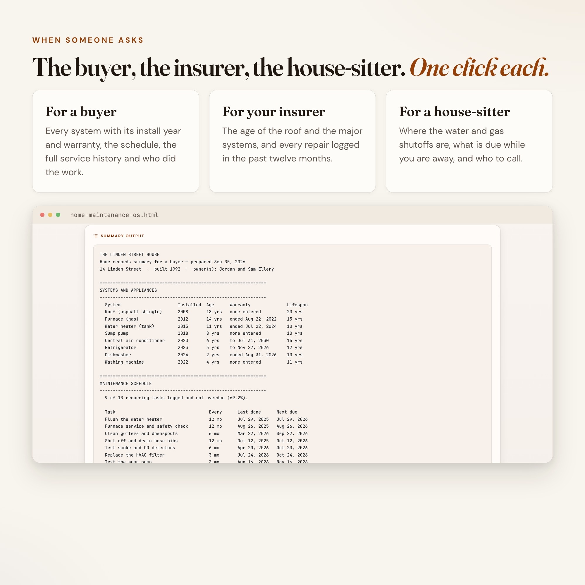 Home maintenance tracker records summary for a buyer, insurer or house-sitter, built in one click