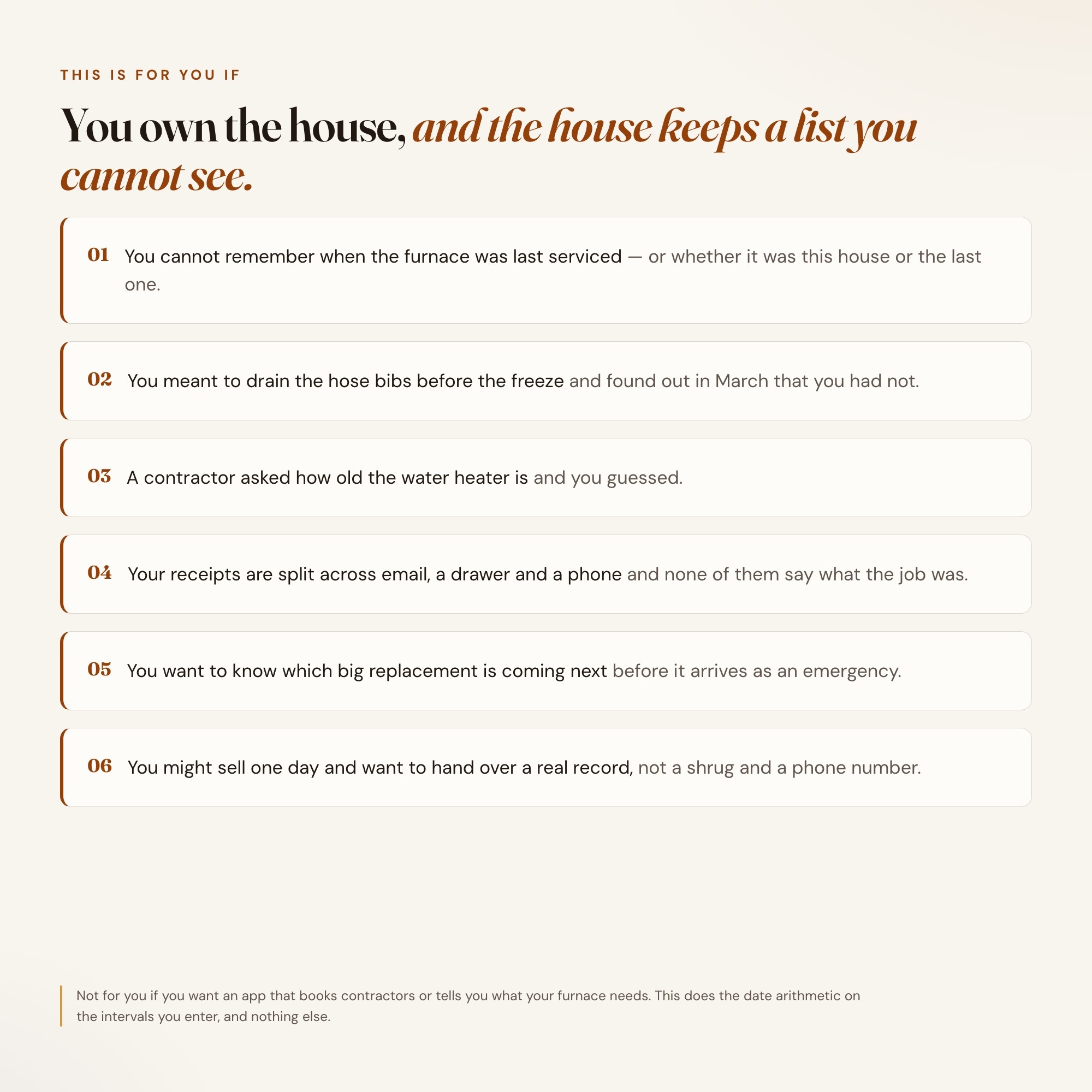 Who the home maintenance tracker is for: homeowners who keep the upkeep list in their head