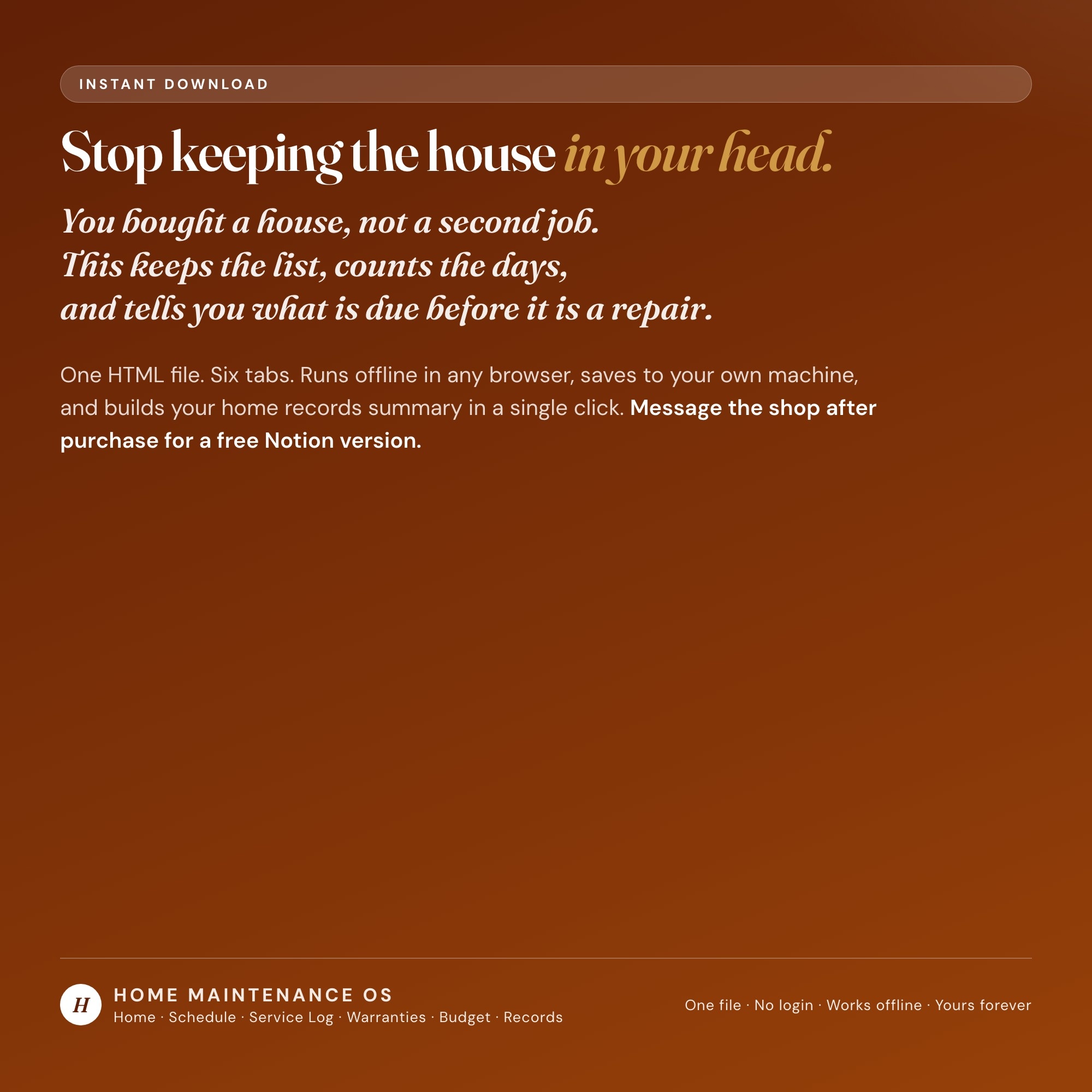 Home maintenance tracker instant download, one HTML file with six tabs that runs in any browser