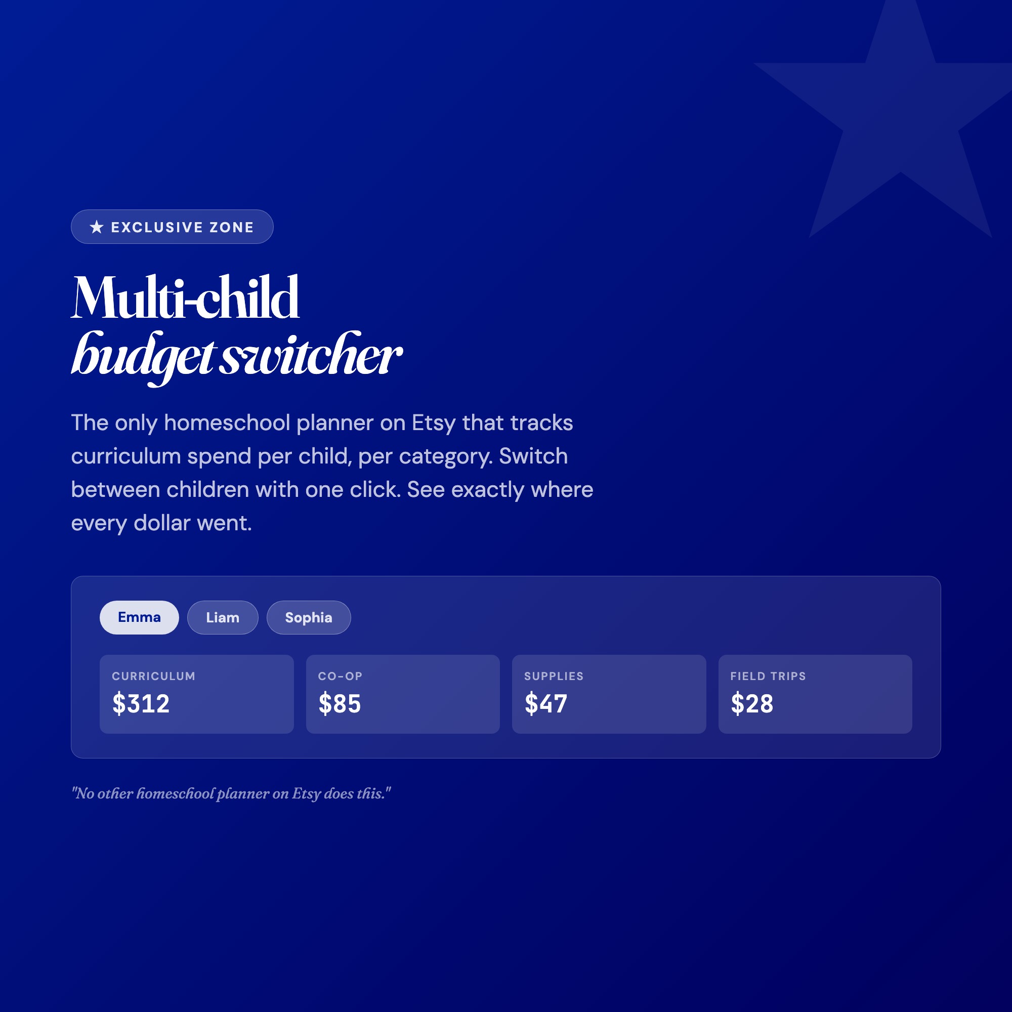 Exclusive multi-child budget switcher showing per-child curriculum spend by category in homeschool planner dashboard