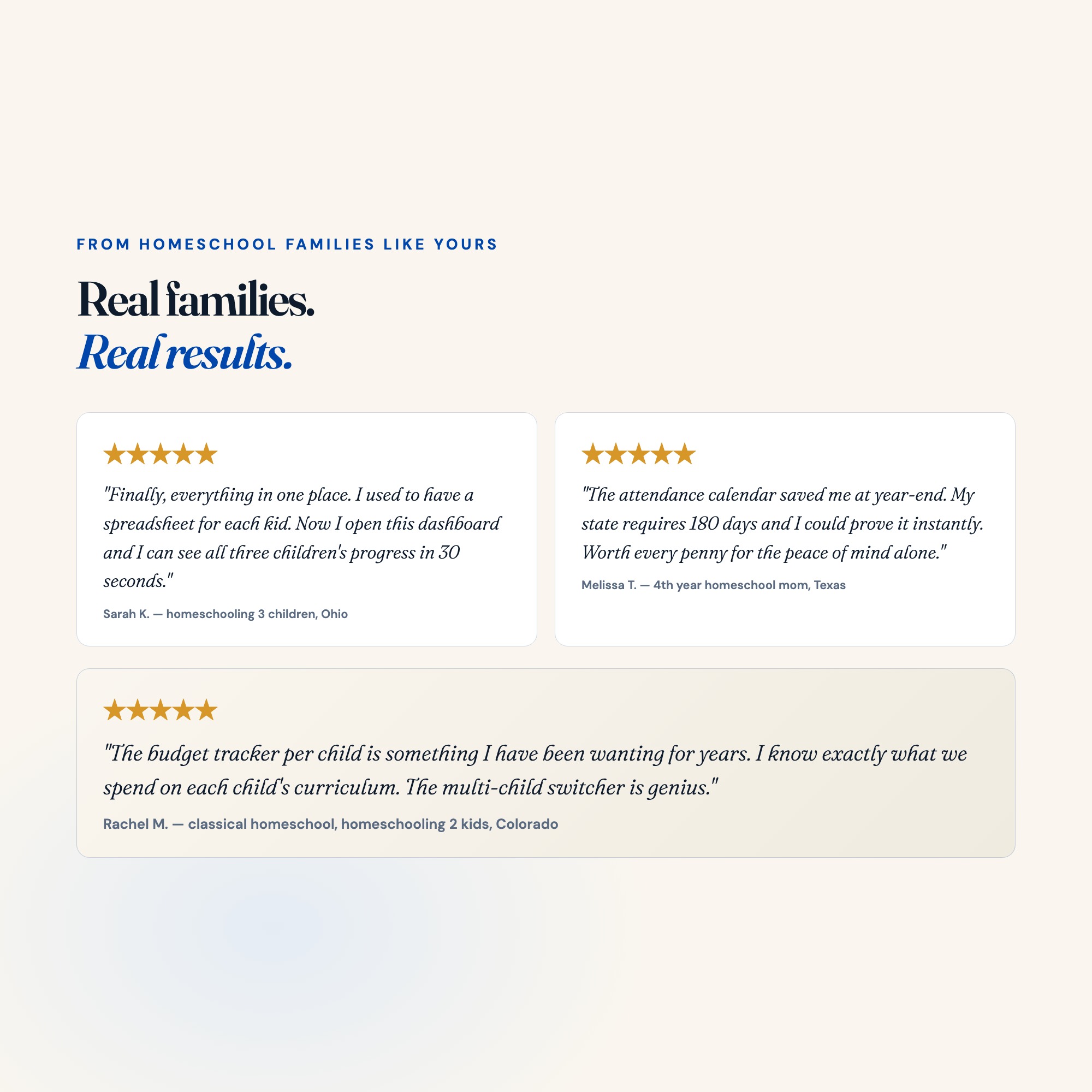 Five star reviews from homeschool parents praising multi-child tracking attendance log and curriculum budget features