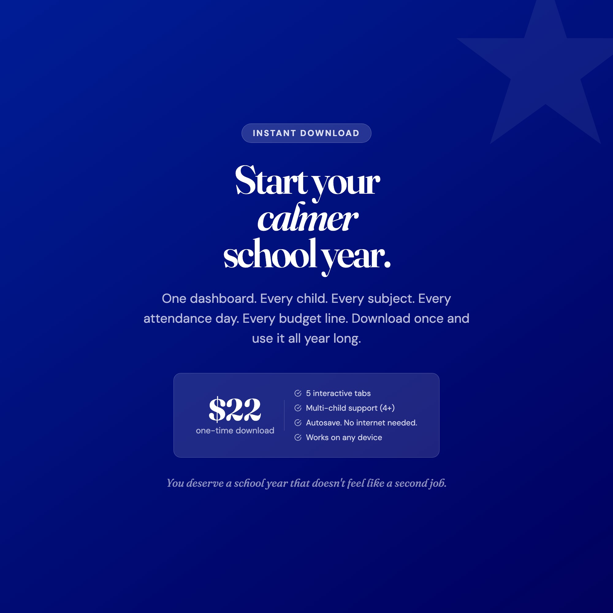 Homeschool year planner OS instant download twenty-two dollars one-time purchase works offline on any device forever