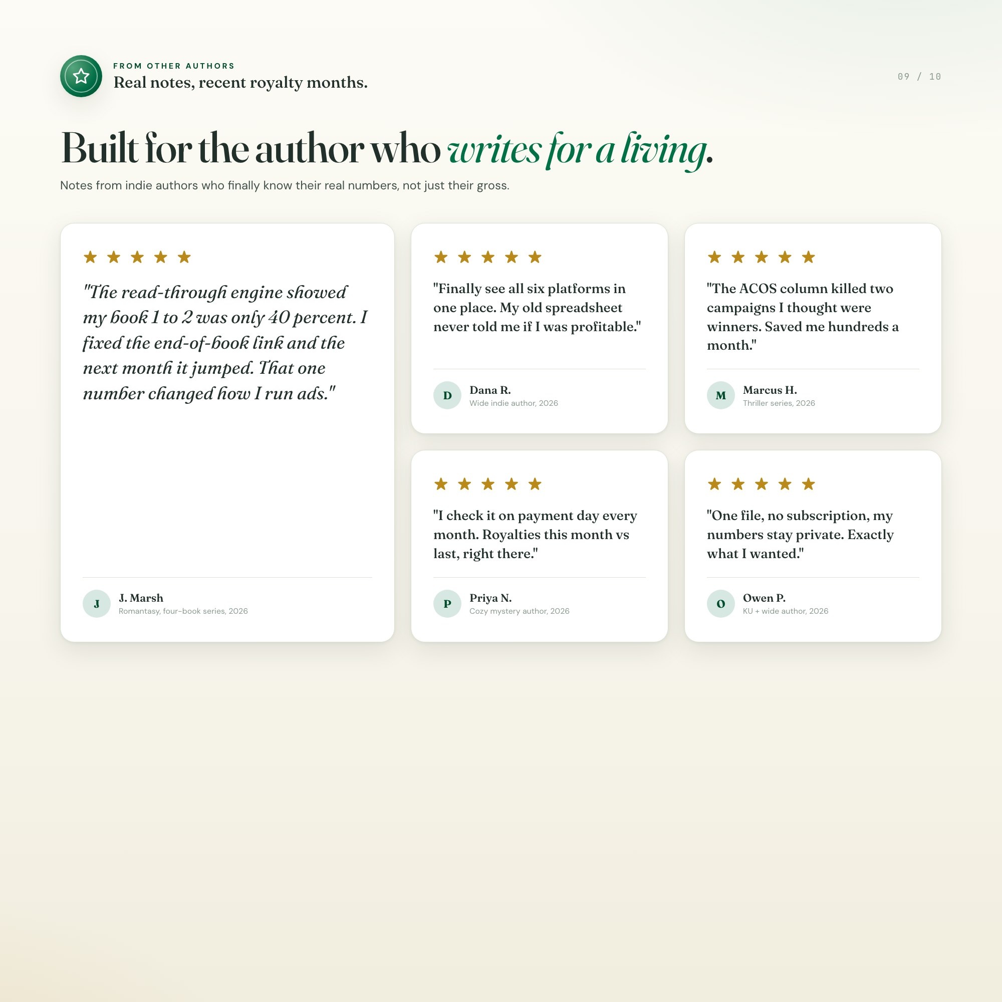 Five star author reviews of the indie author royalty tracker for KDP sales, ACOS, and series read through