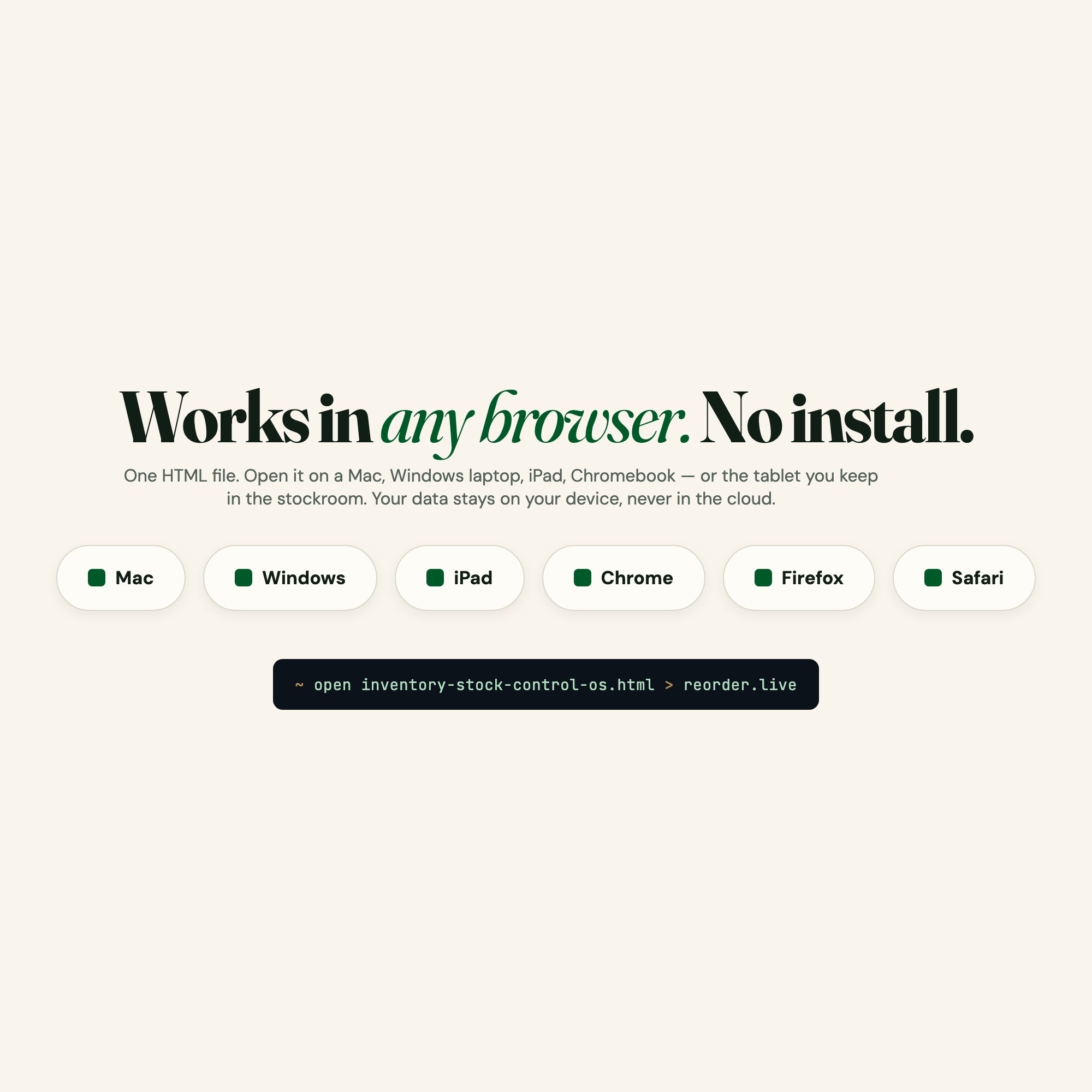 Inventory tracker HTML file opening on Mac, Windows, iPad and Chrome with no install required