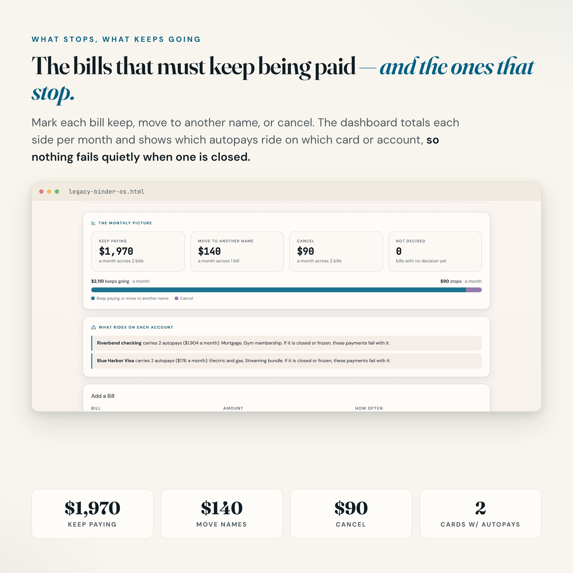 End of life planner bills tab: what keeps being paid, what stops, and autopays on each card