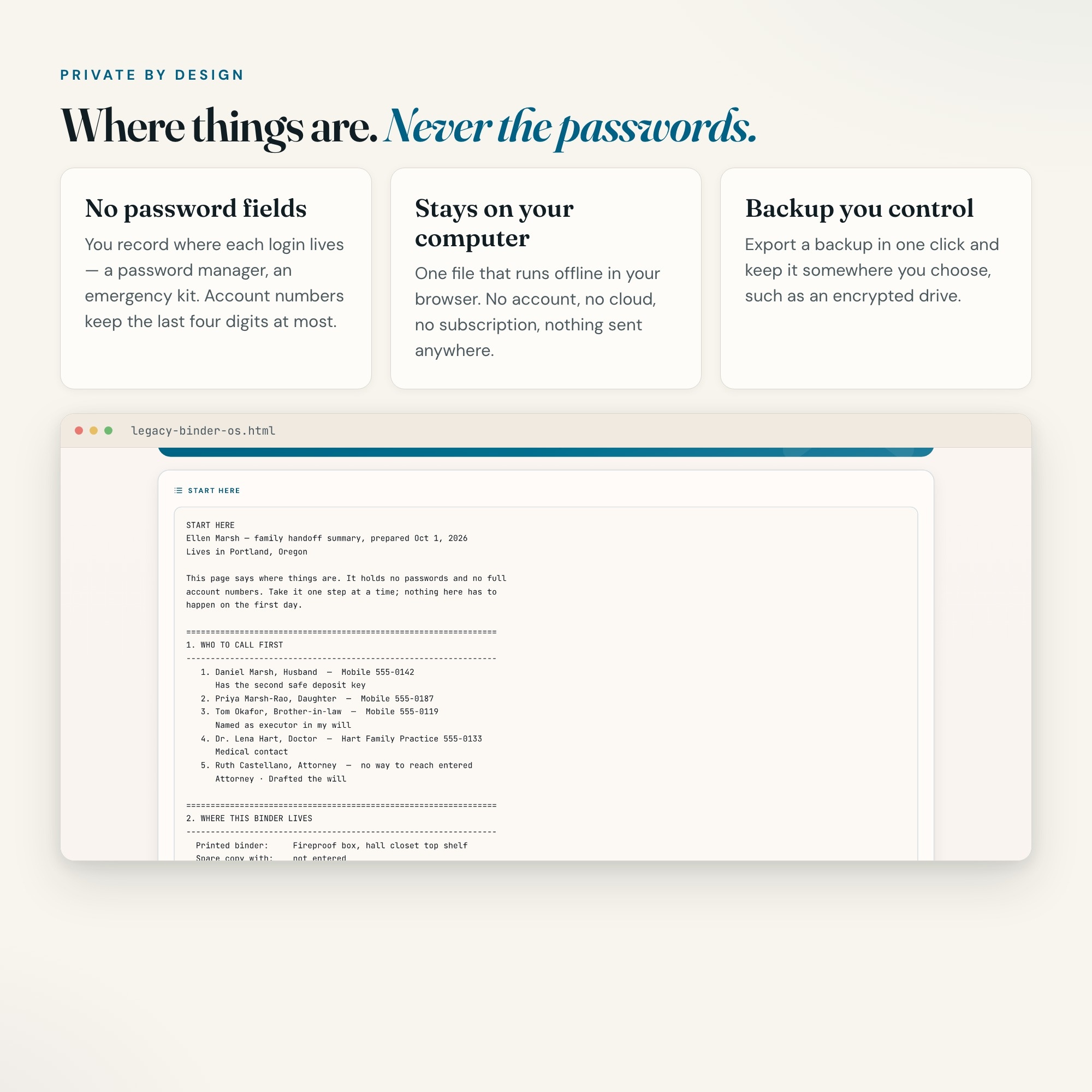 Private end of life planner with no password fields and a one click start here page for family