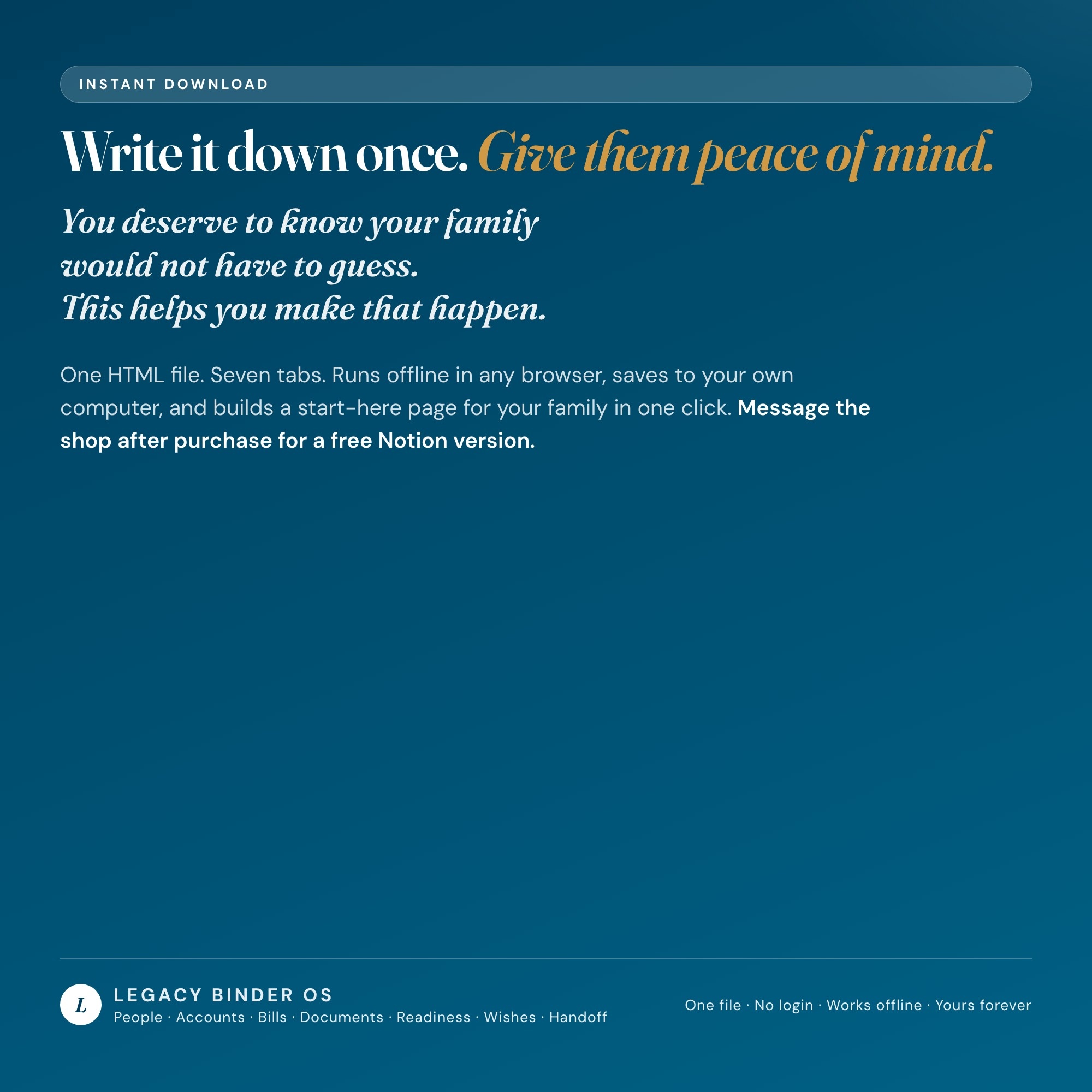 End of life planner instant download, one HTML file with seven tabs that runs in any browser