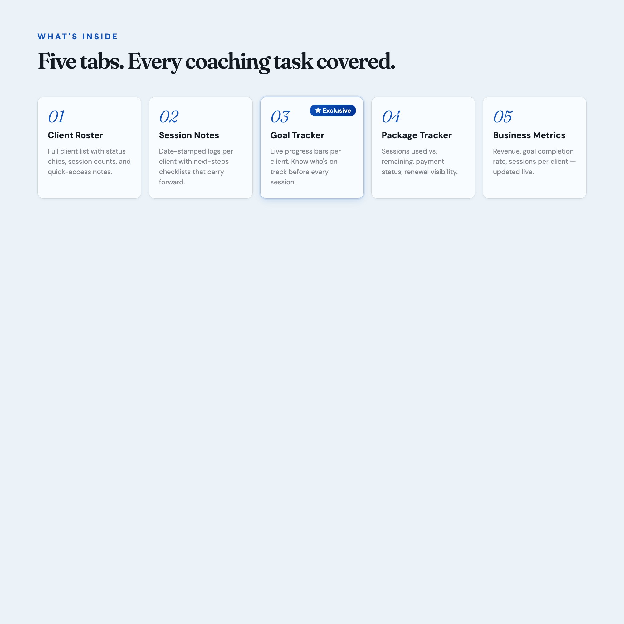 Interactive coaching planner with client roster session notes goal tracker and package management