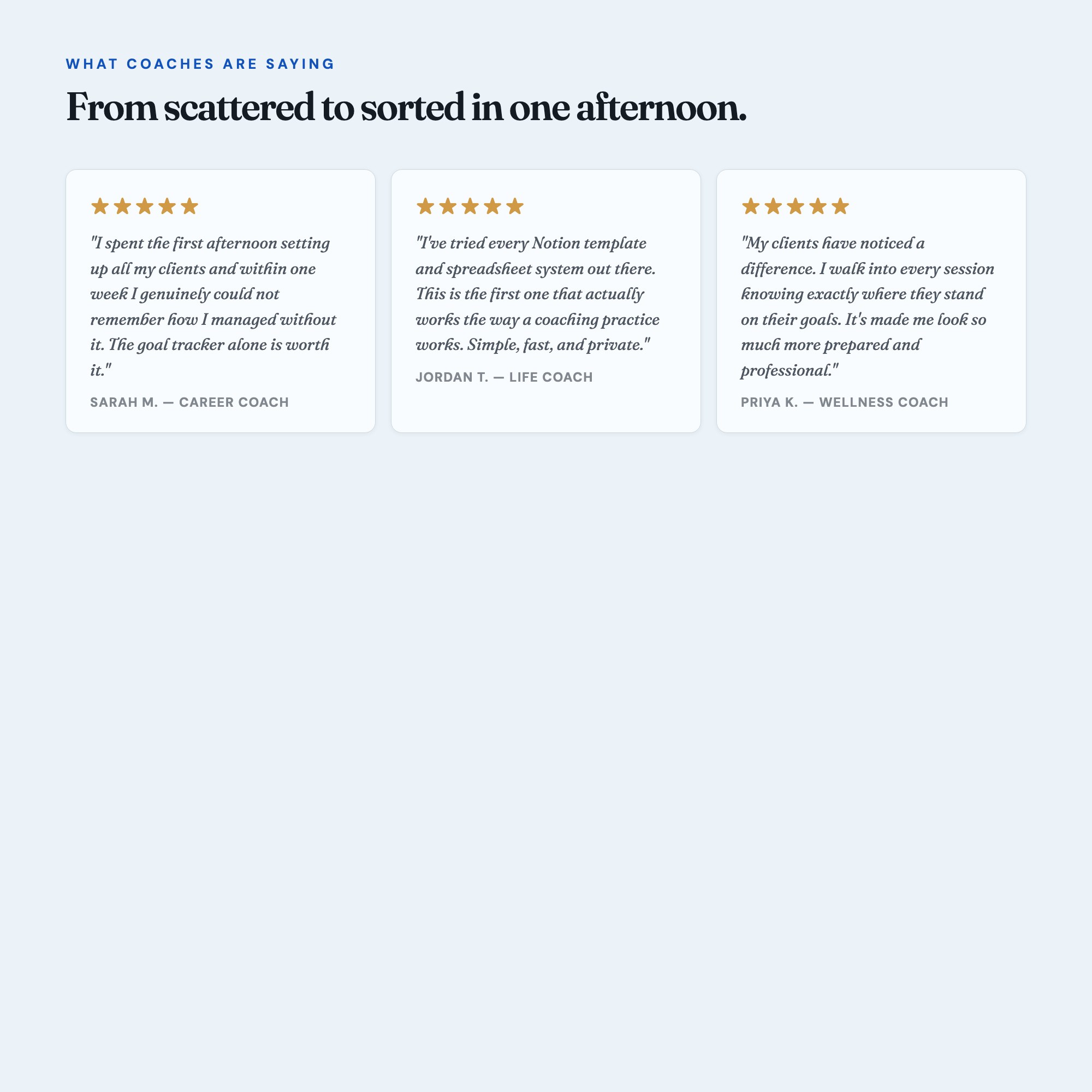 Life coach digital planner five star reviews from coaches using client management dashboard system