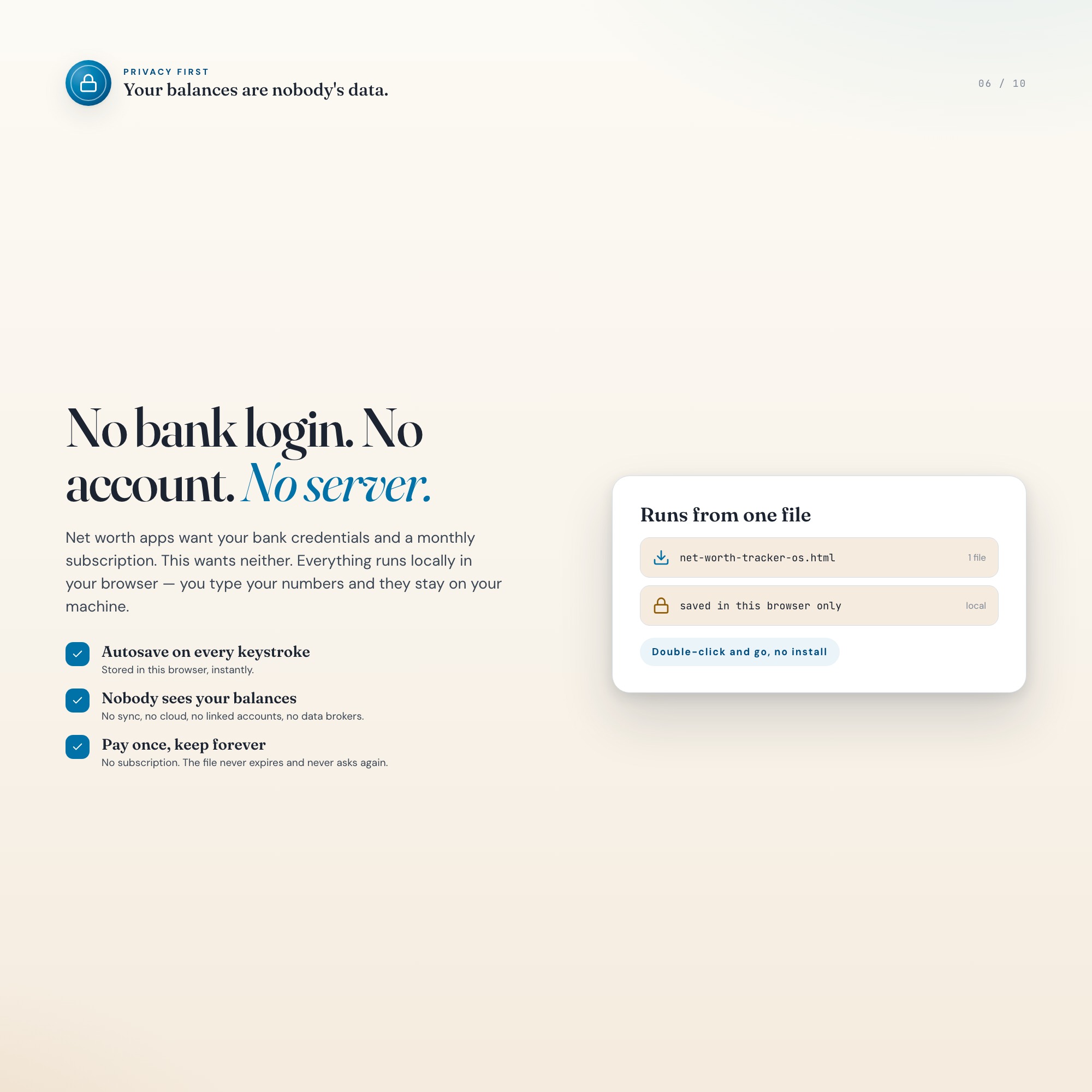 Net worth tracker runs offline in your browser with no bank login, no account and no subscription
