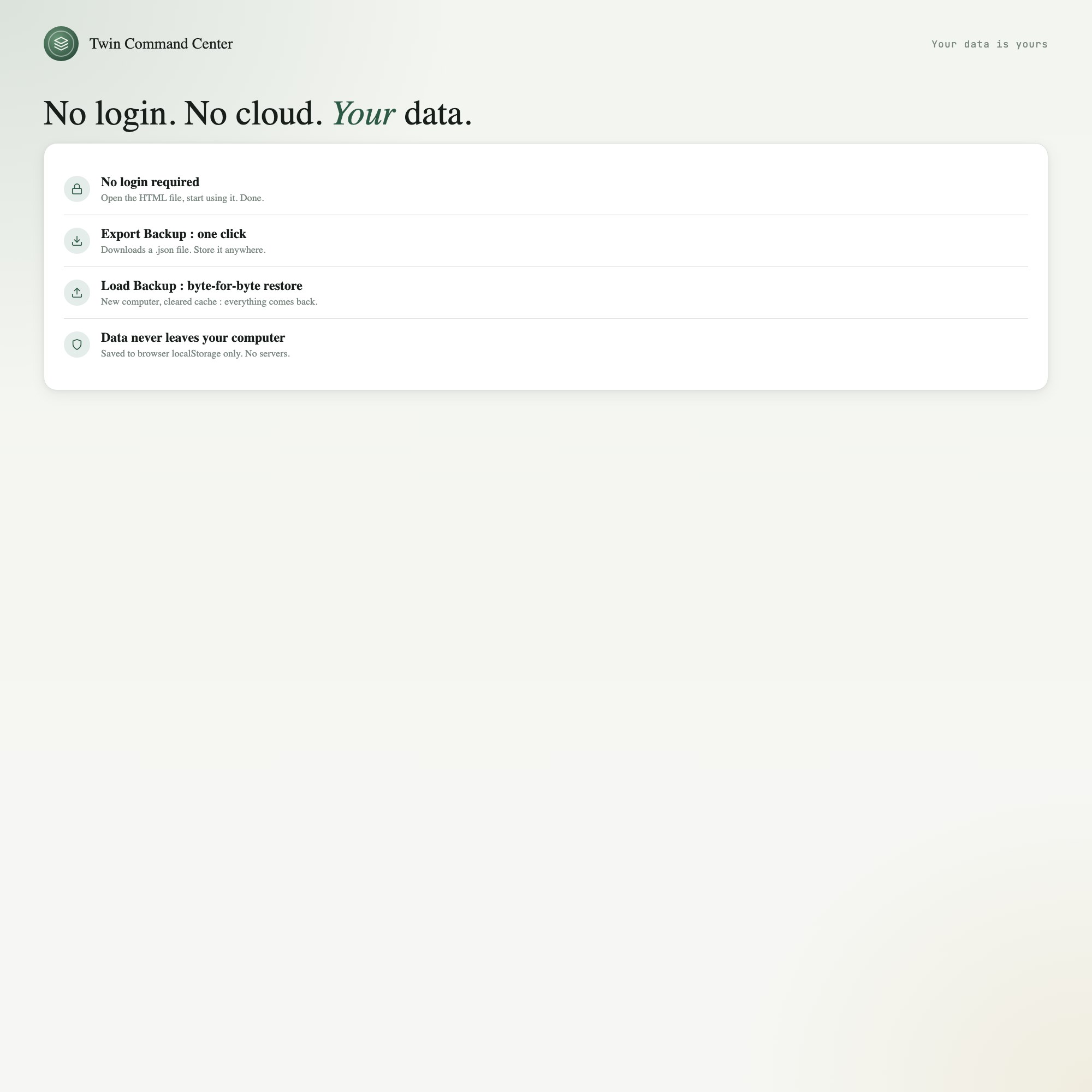 Export Backup and Load Backup affordances for offline-first twin newborn tracker, no cloud account needed