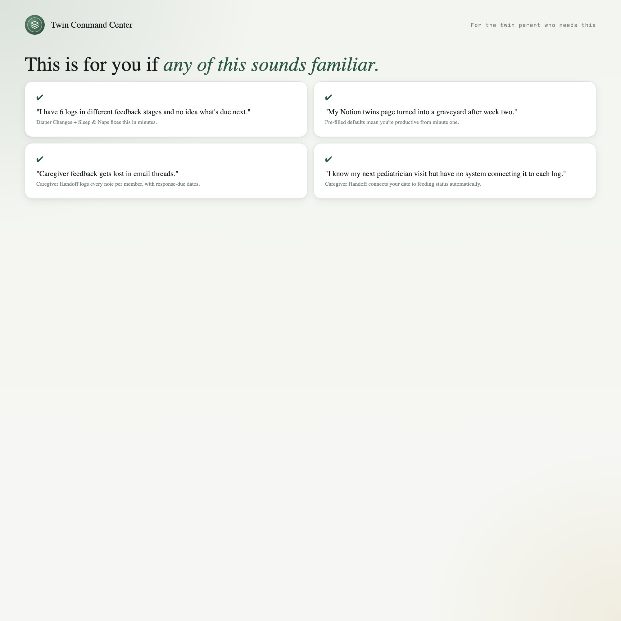 Social proof panel with parent-of-multiples reviews of the twin newborn command center