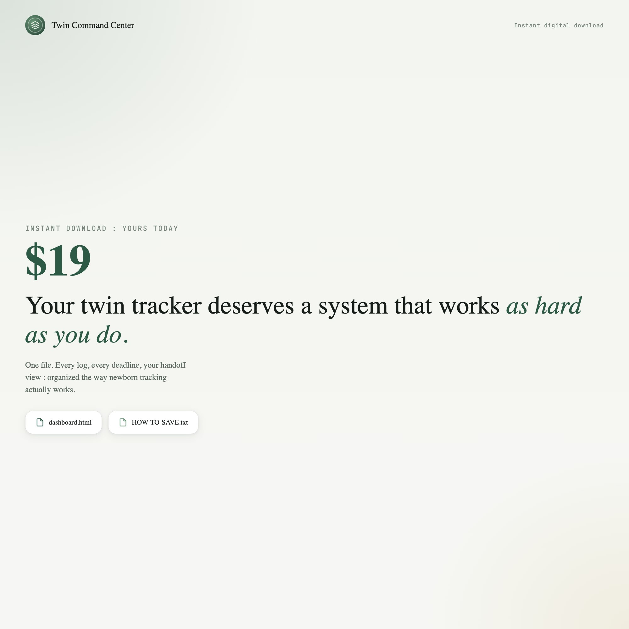Final call-to-action with instant download badge and one-time twenty-four dollar price for twin tracker