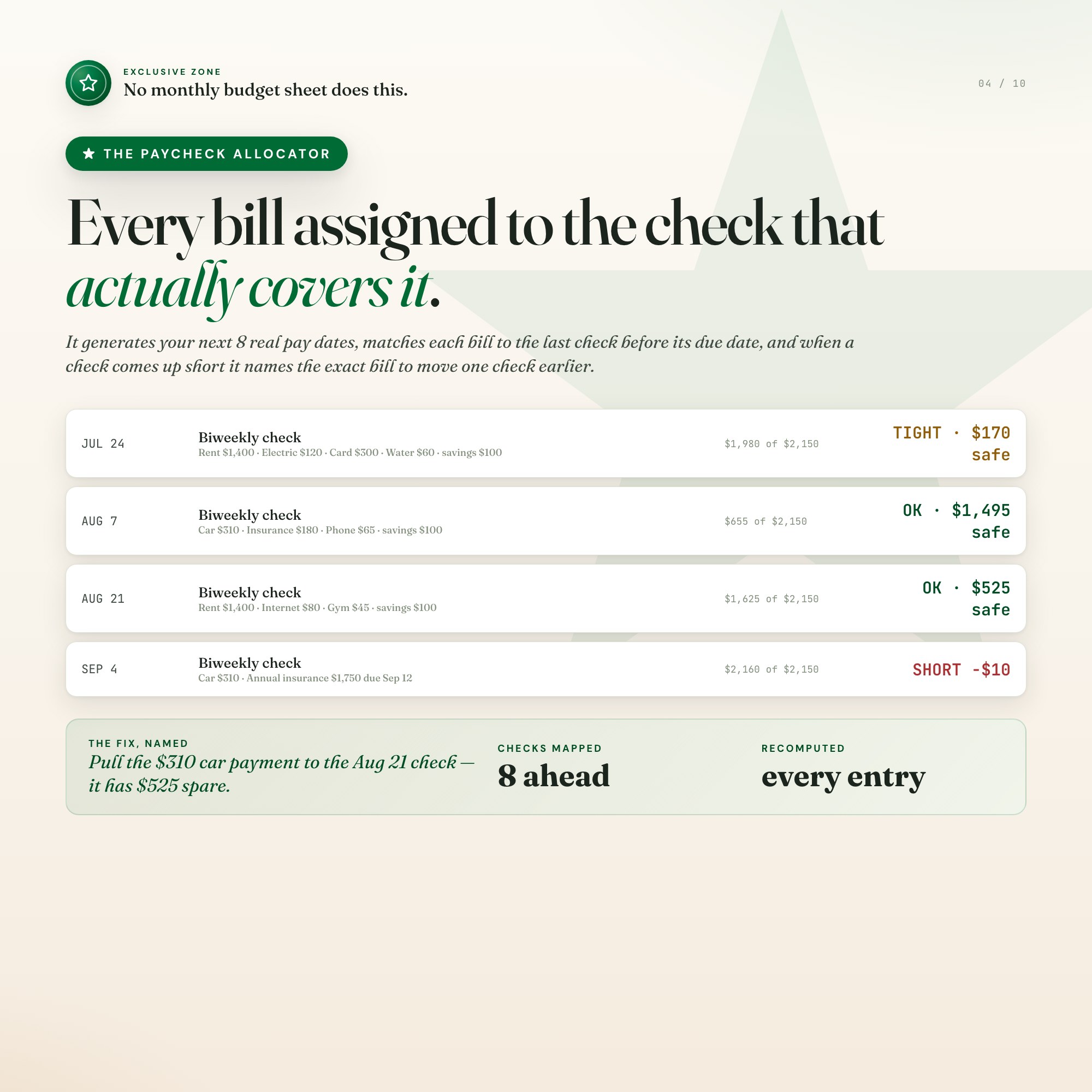 Paycheck Allocator matching each bill to a specific check with OK, tight and short status flags