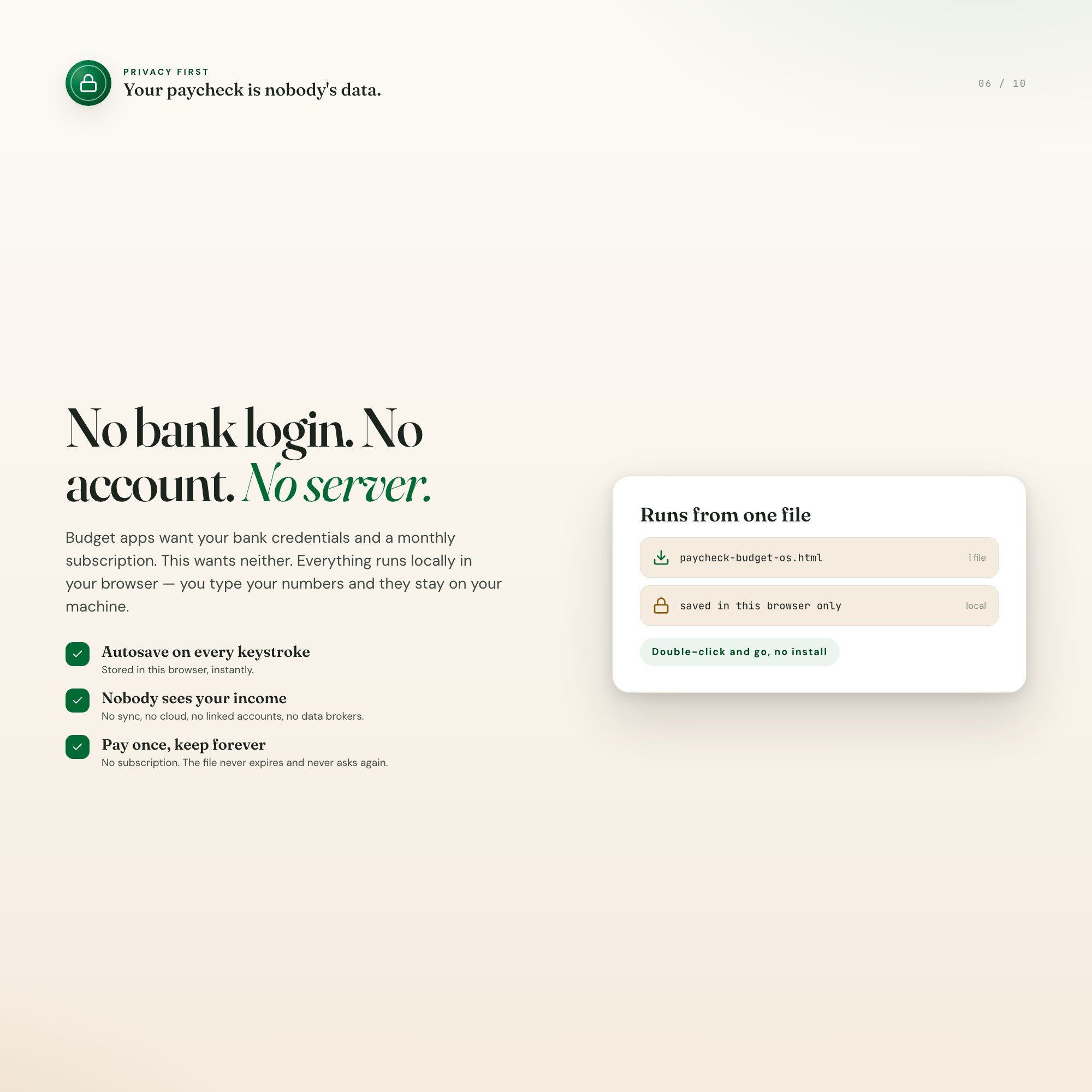 Paycheck budget planner runs offline in your browser with no bank login and no account