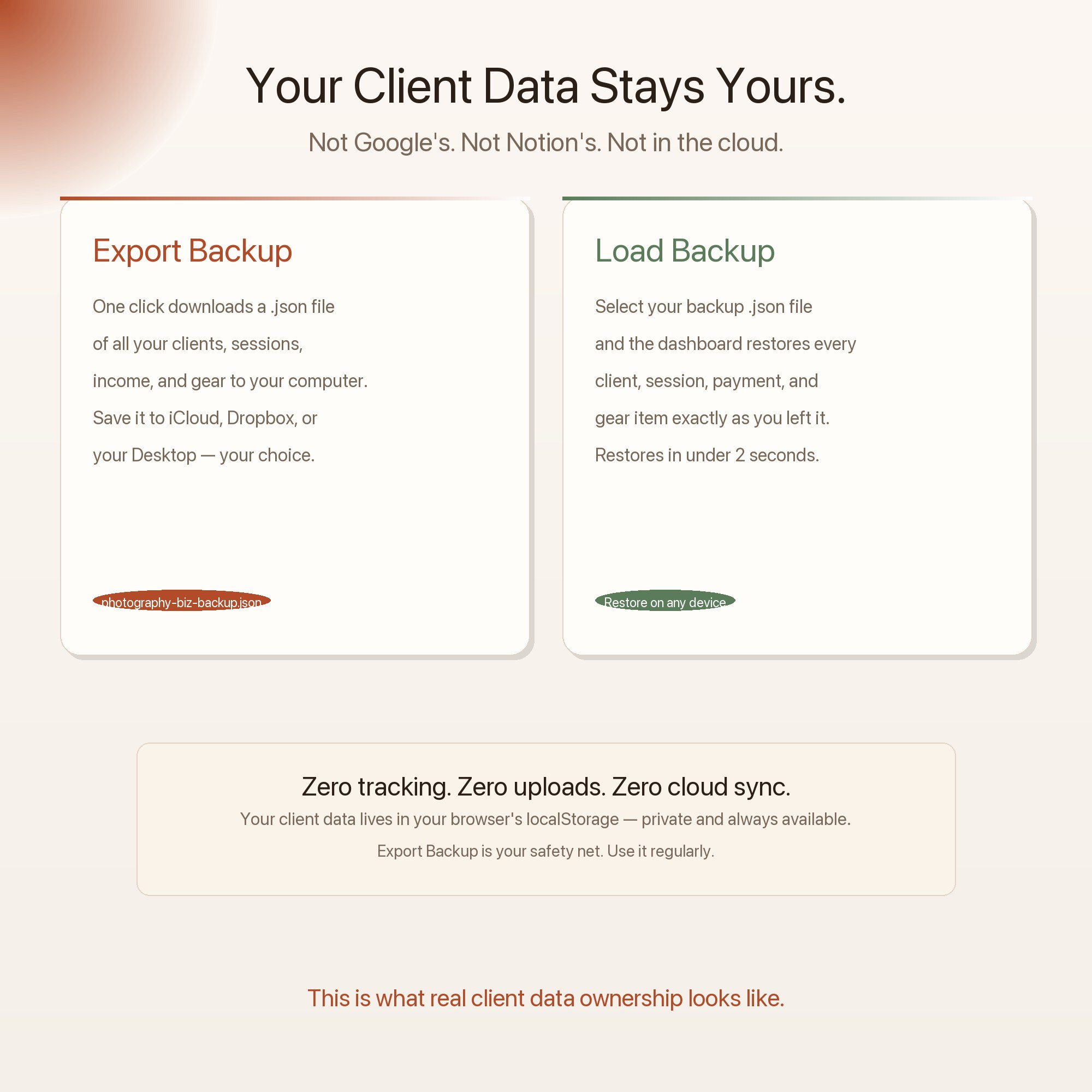 Export and load backup buttons for photography client data — private localStorage, no cloud sync required